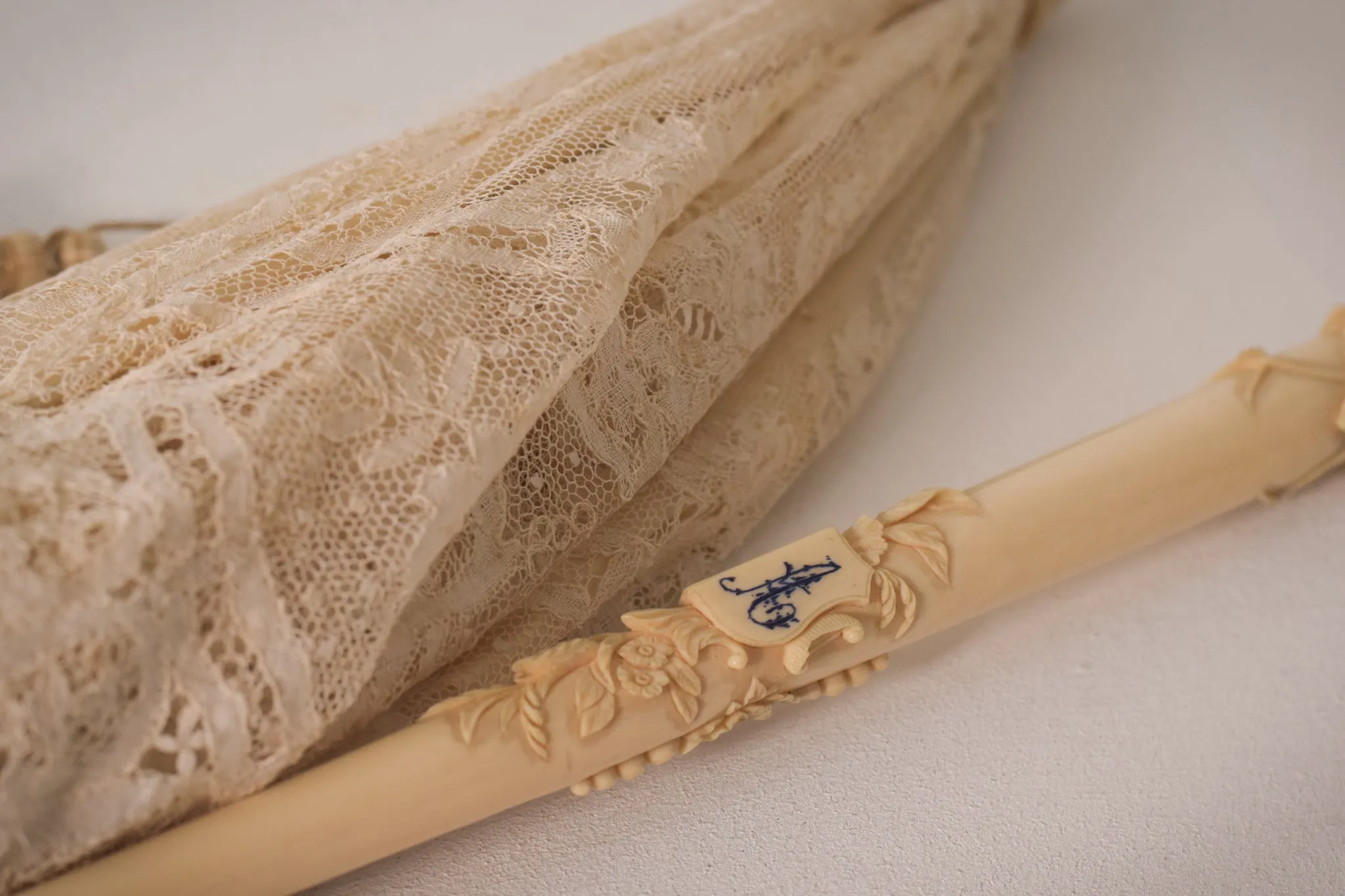 Beautifully Carved Ivory Parasol with Exquisite Lacework