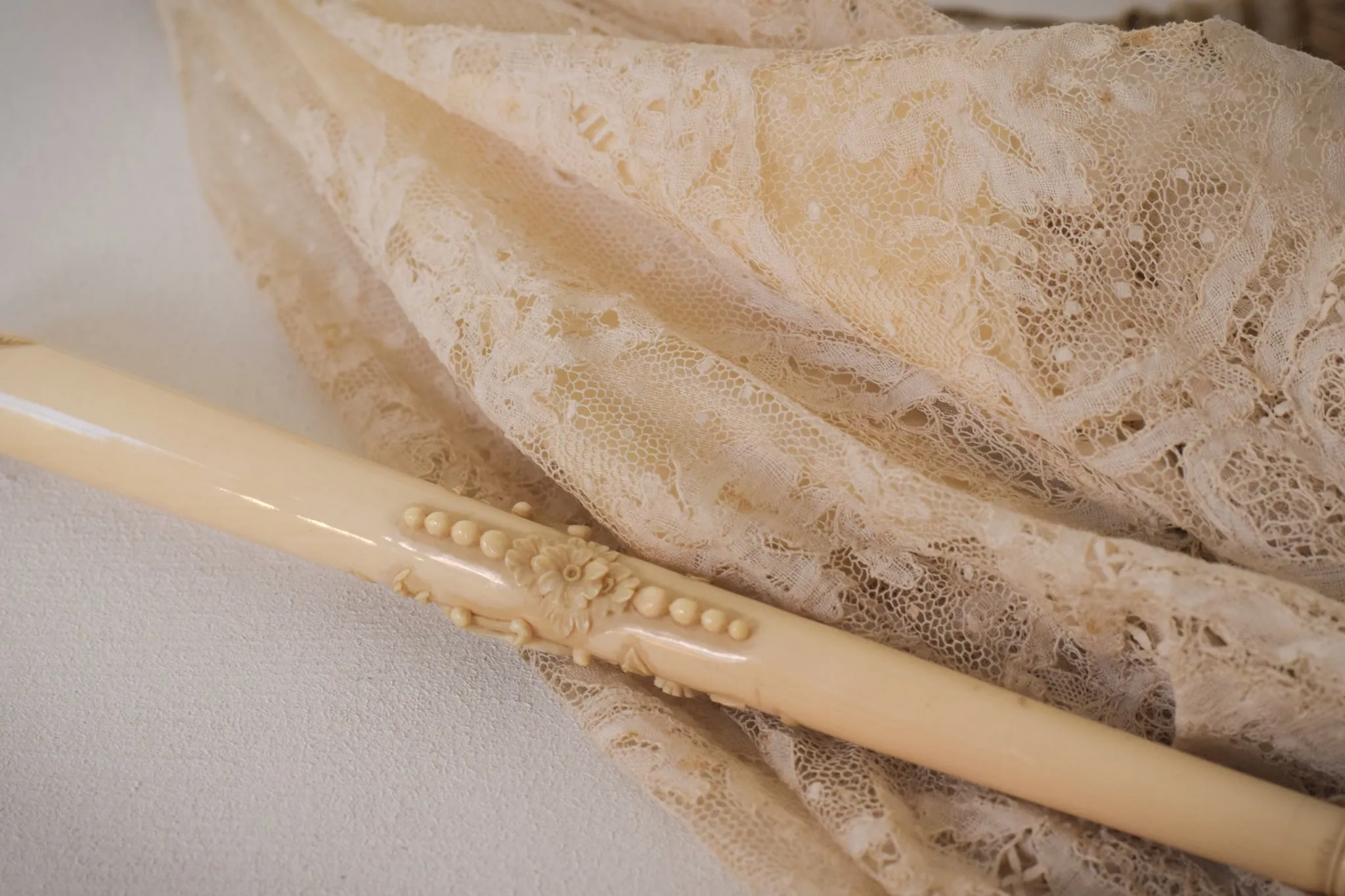 Beautifully Carved Ivory Parasol with Exquisite Lacework
