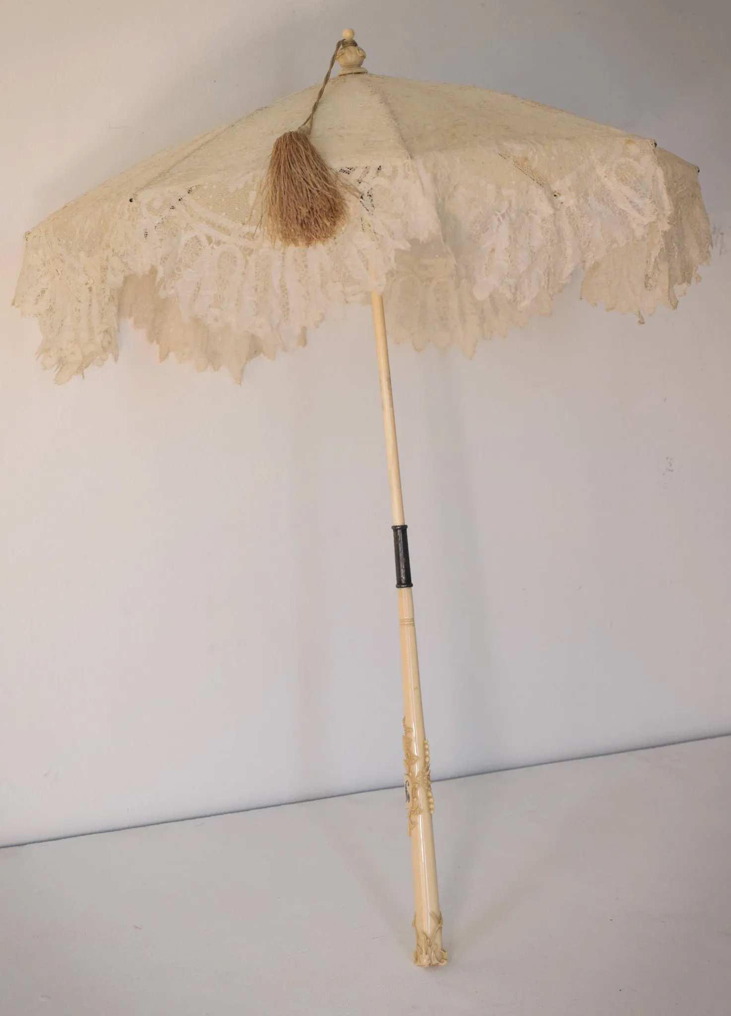 Beautifully Carved Ivory Parasol with Exquisite Lacework