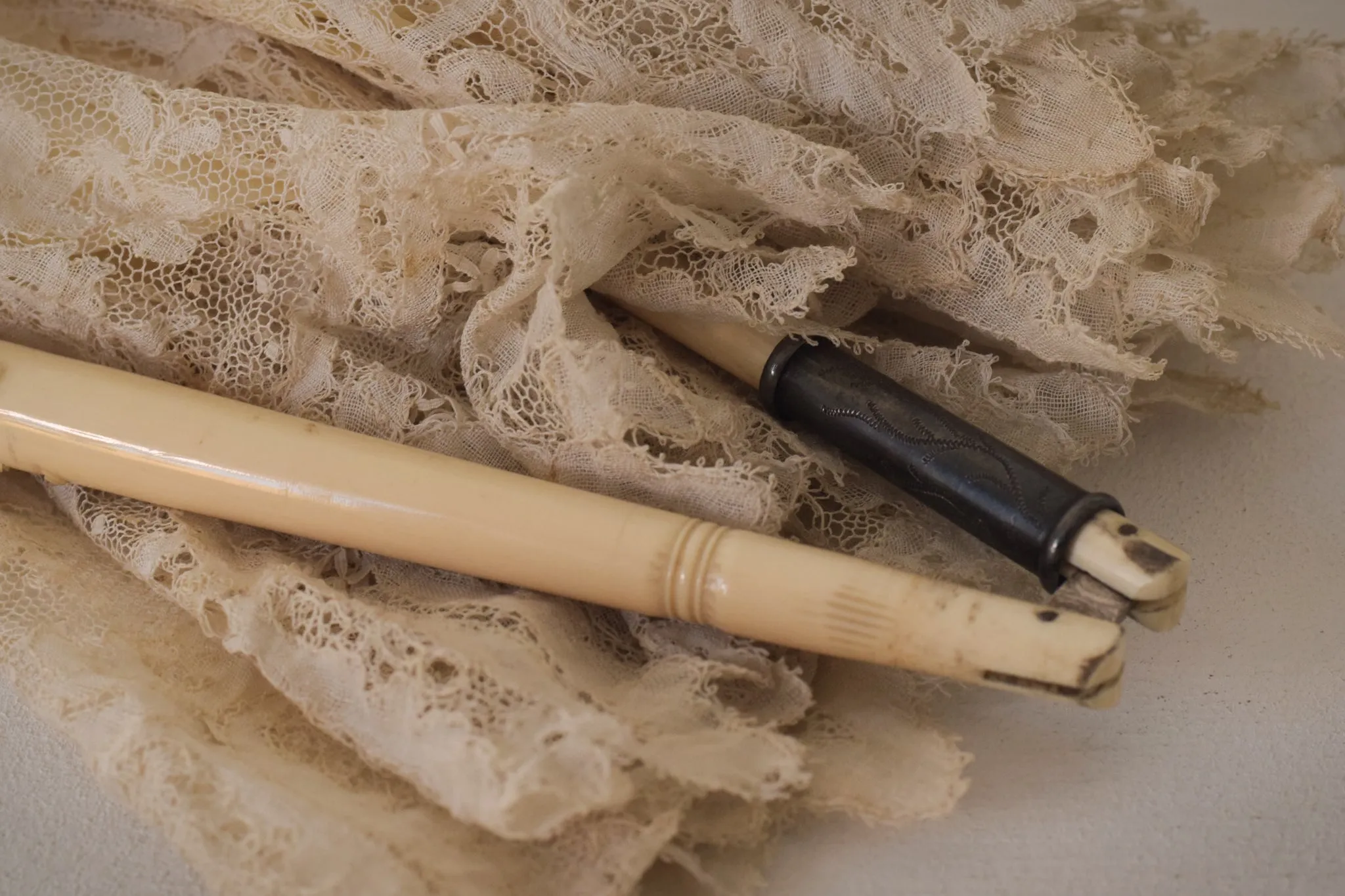 Beautifully Carved Ivory Parasol with Exquisite Lacework