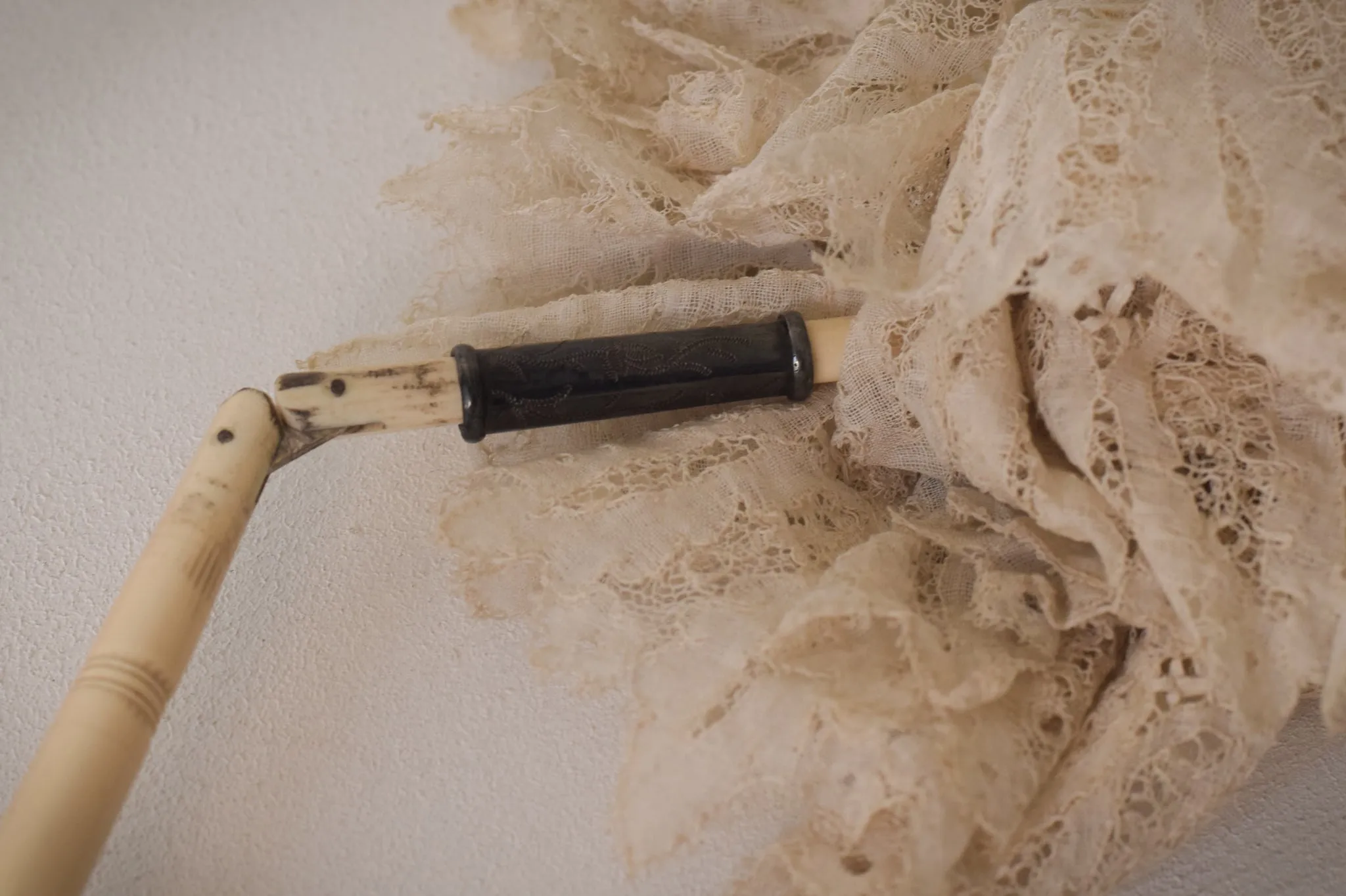 Beautifully Carved Ivory Parasol with Exquisite Lacework