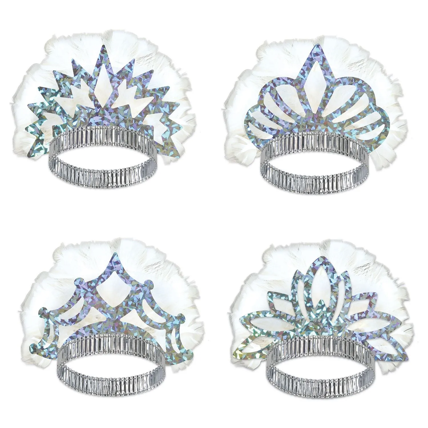 Beistle Silver Prismatic Tiara with White Feathers (sold 50 per box) - Party Supply Decoration for General Occasion