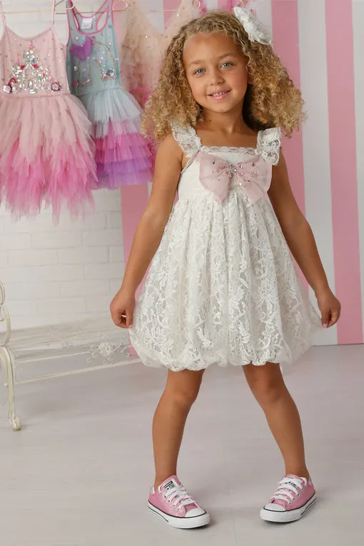 Bellany White Lace Dress w/Blush Tulle Bow