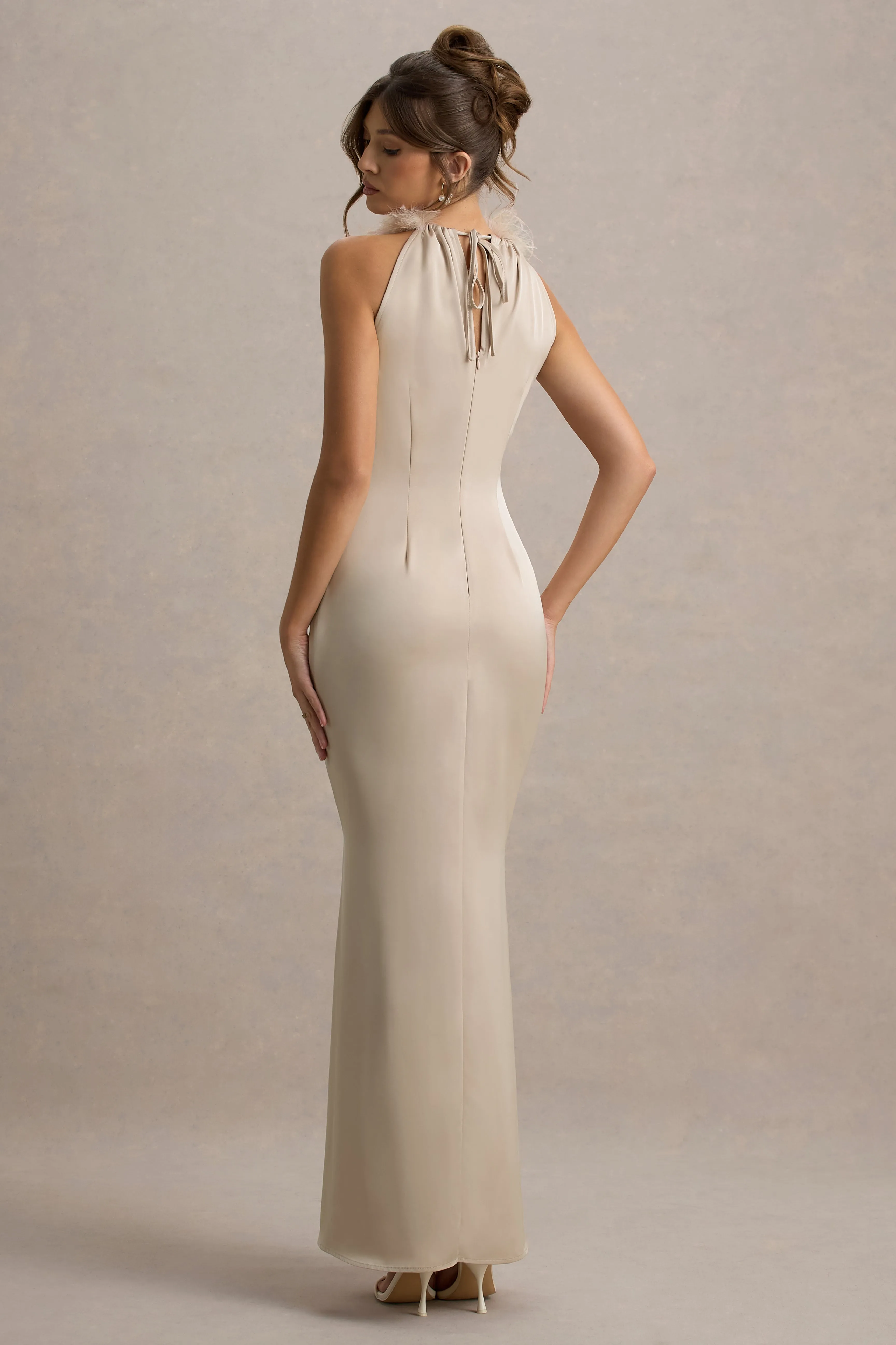 Bianca | Champagne Satin Feather-Trim Maxi Dress