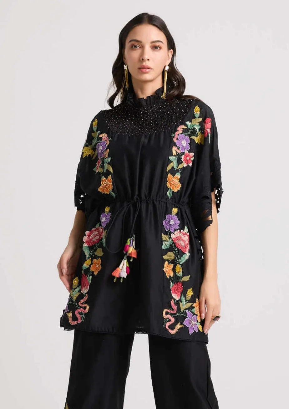 Black applique and beadwork smocked kaftan