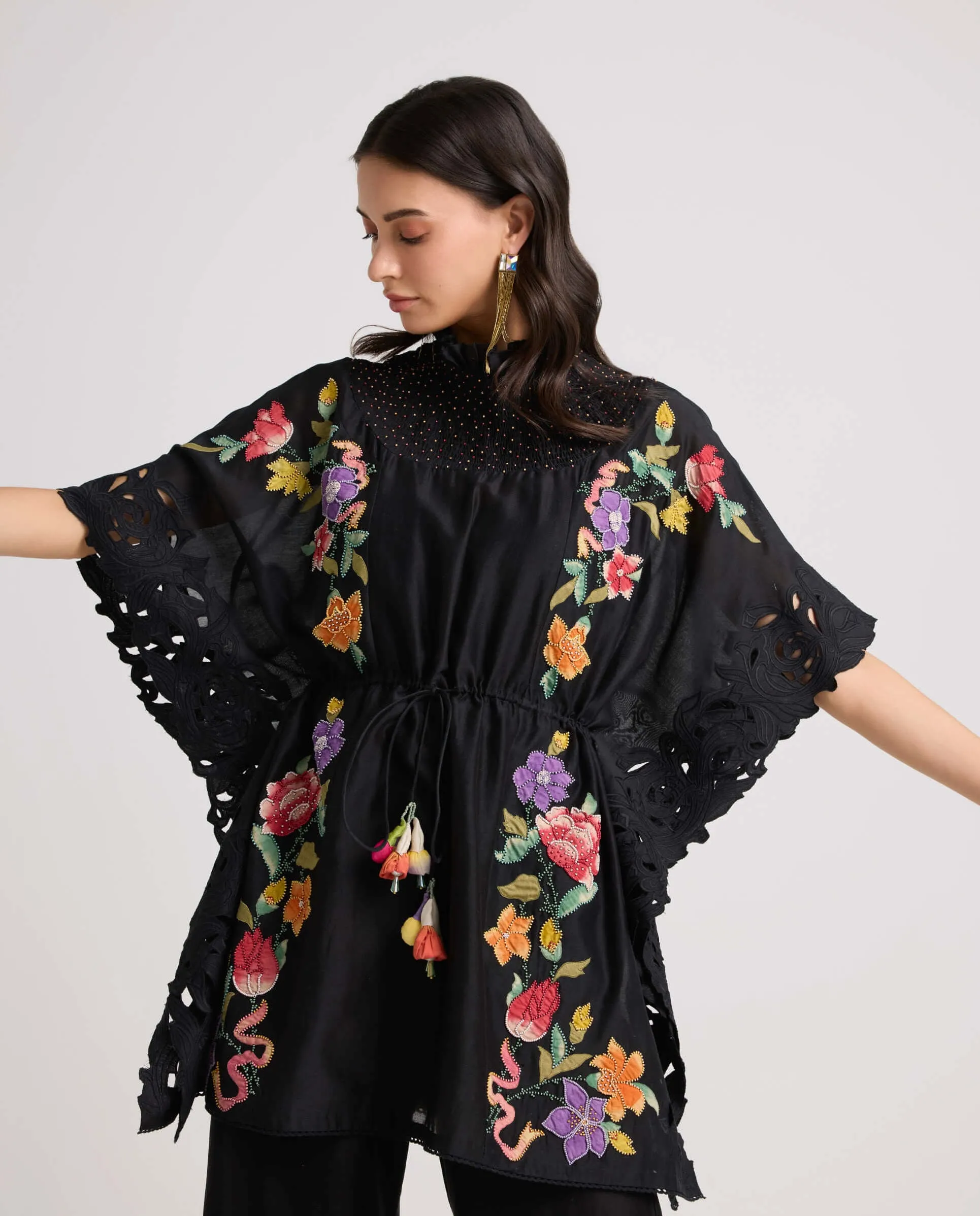 Black applique and beadwork smocked kaftan