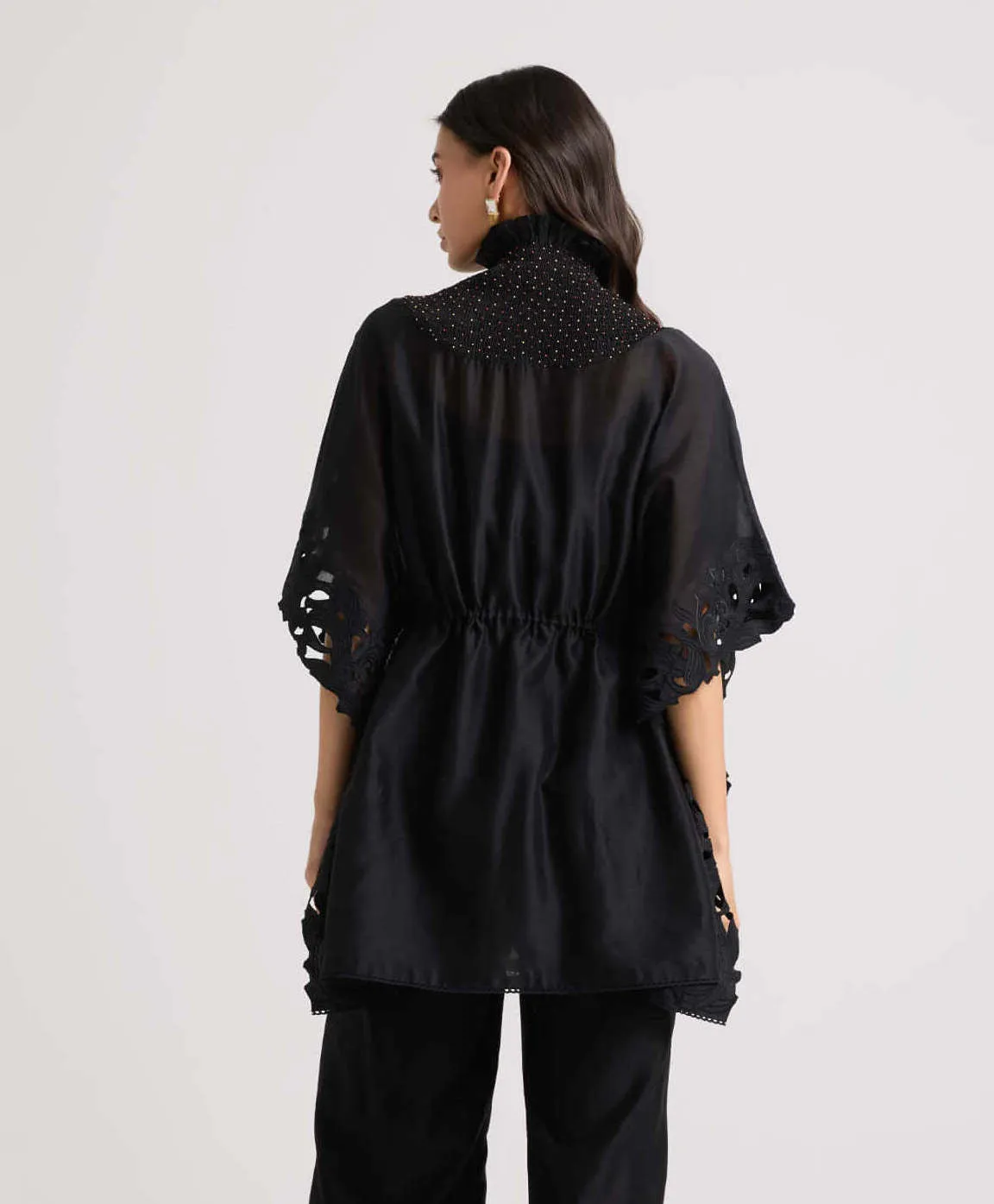 Black applique and beadwork smocked kaftan