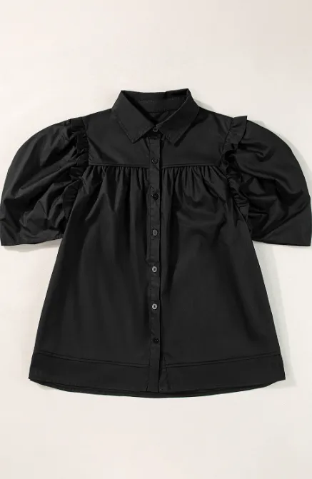 Black Crisp Puff Sleeve Loose Shirt