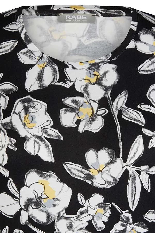 BLACK FLORAL PRINT 3/4 SLEEVE T-SHIRT
