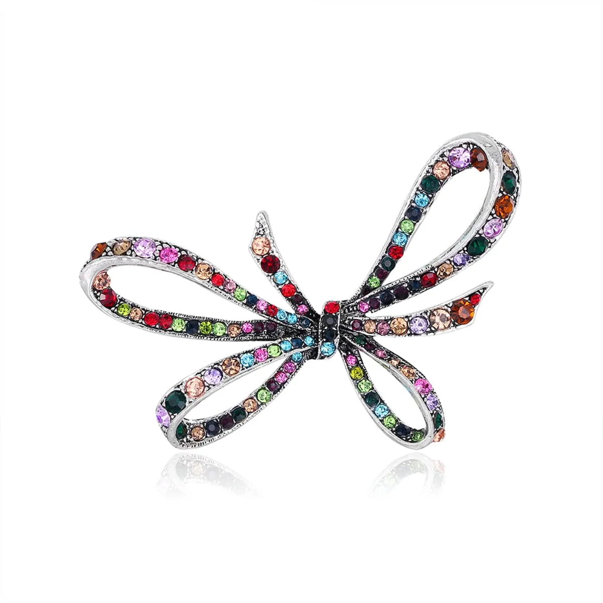 Blue & Multicolor Cubic Zirconia & Silver-Plated Bow Brooch