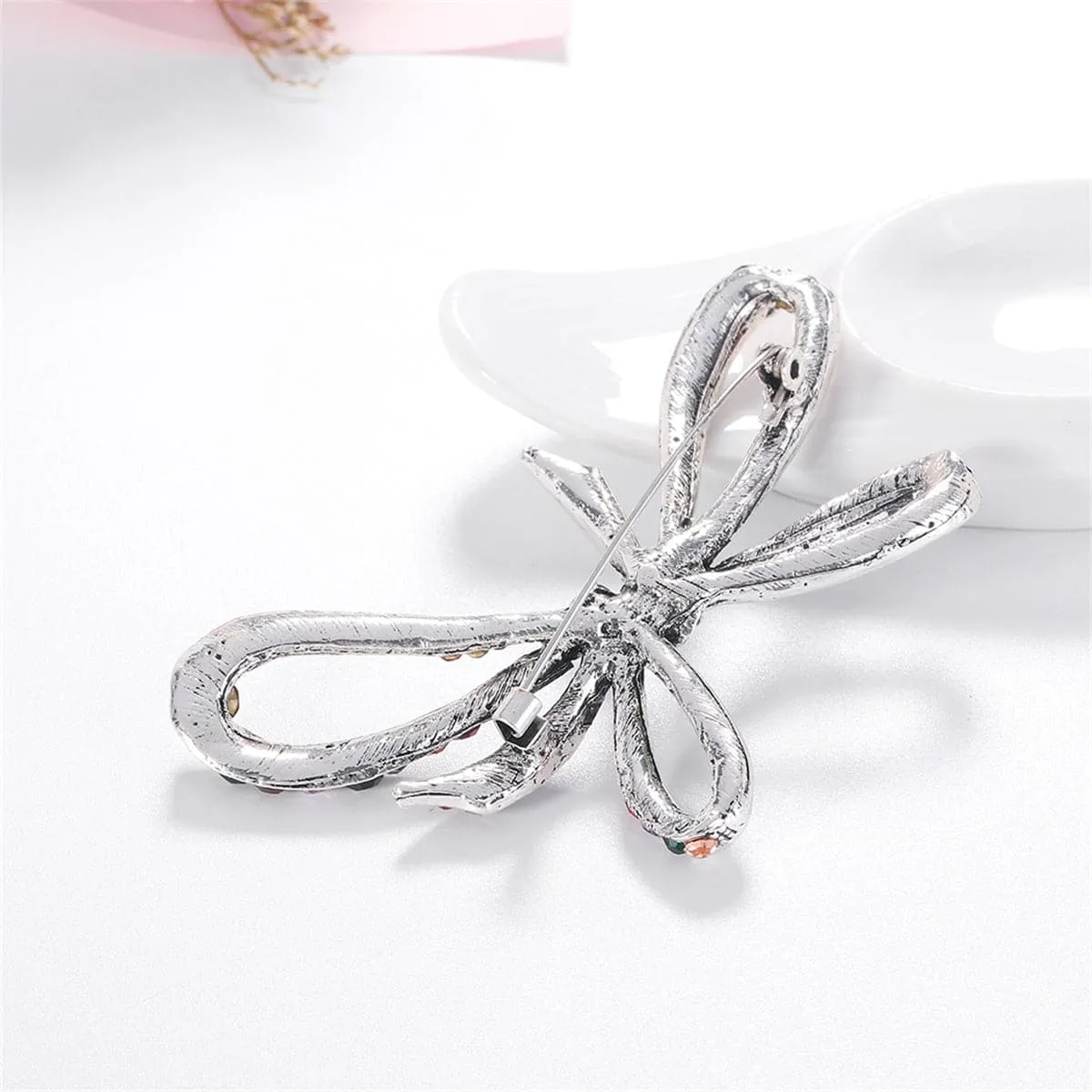 Blue & Multicolor Cubic Zirconia & Silver-Plated Bow Brooch