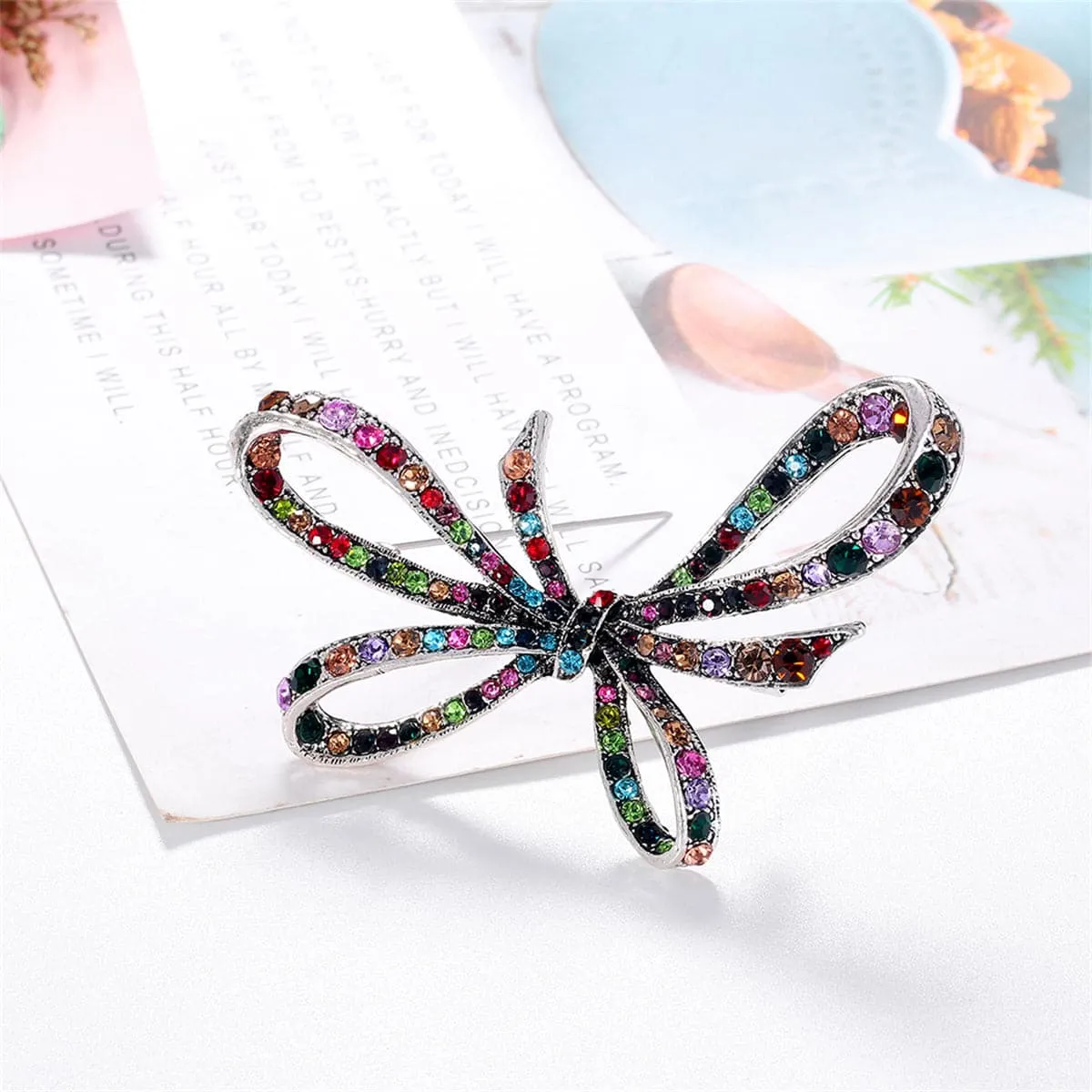 Blue & Multicolor Cubic Zirconia & Silver-Plated Bow Brooch