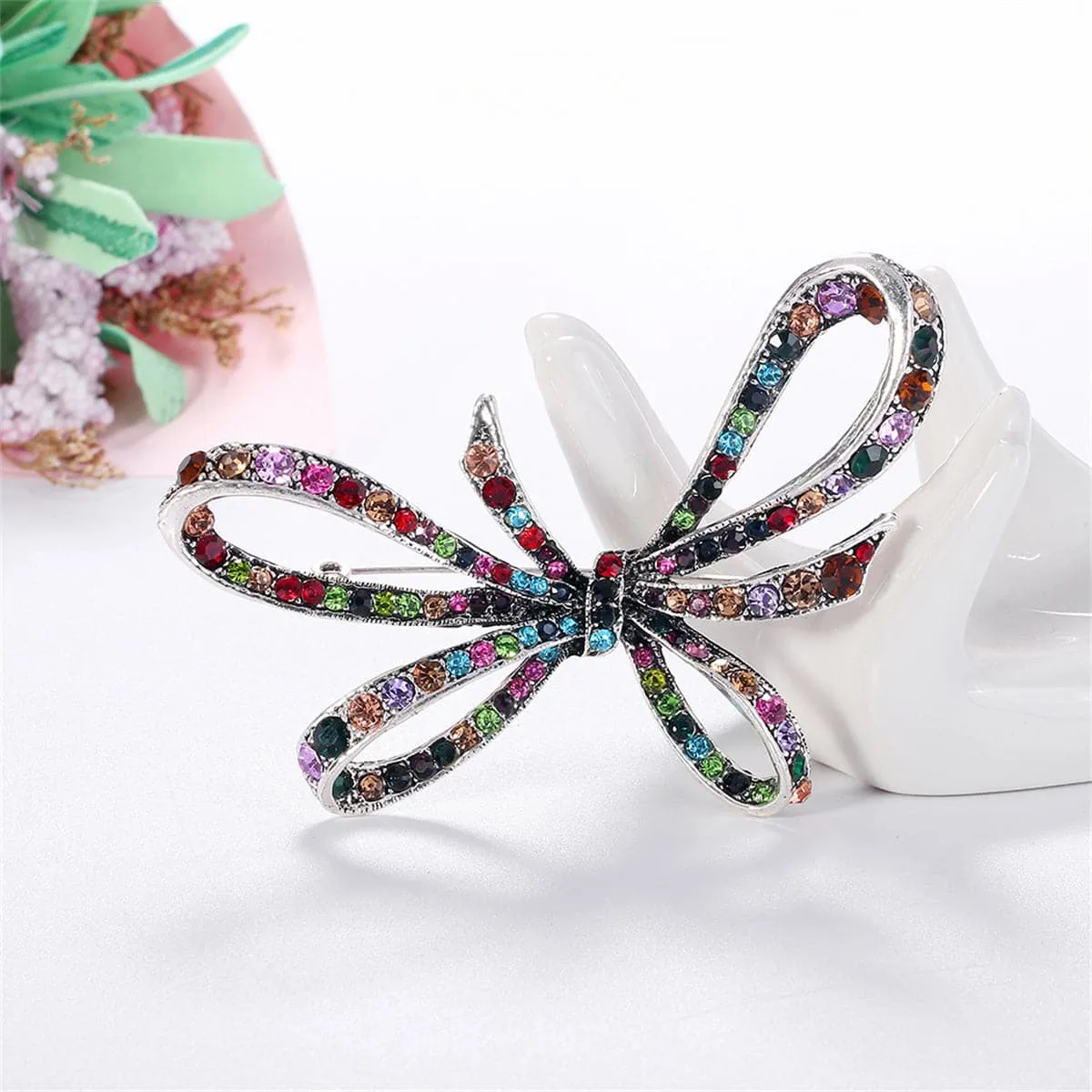 Blue & Multicolor Cubic Zirconia & Silver-Plated Bow Brooch