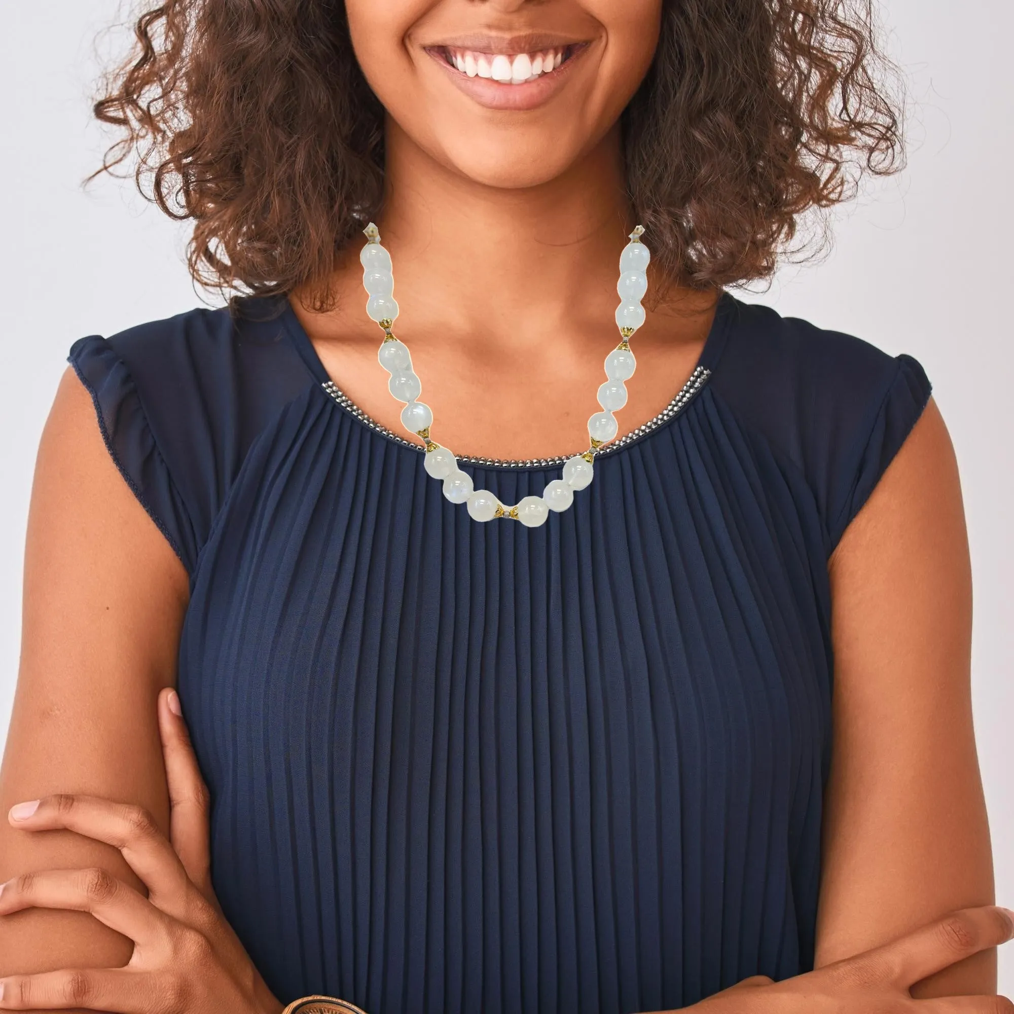 Blue Flash Moonstone Beaded Necklace Yellow Gold Spacers