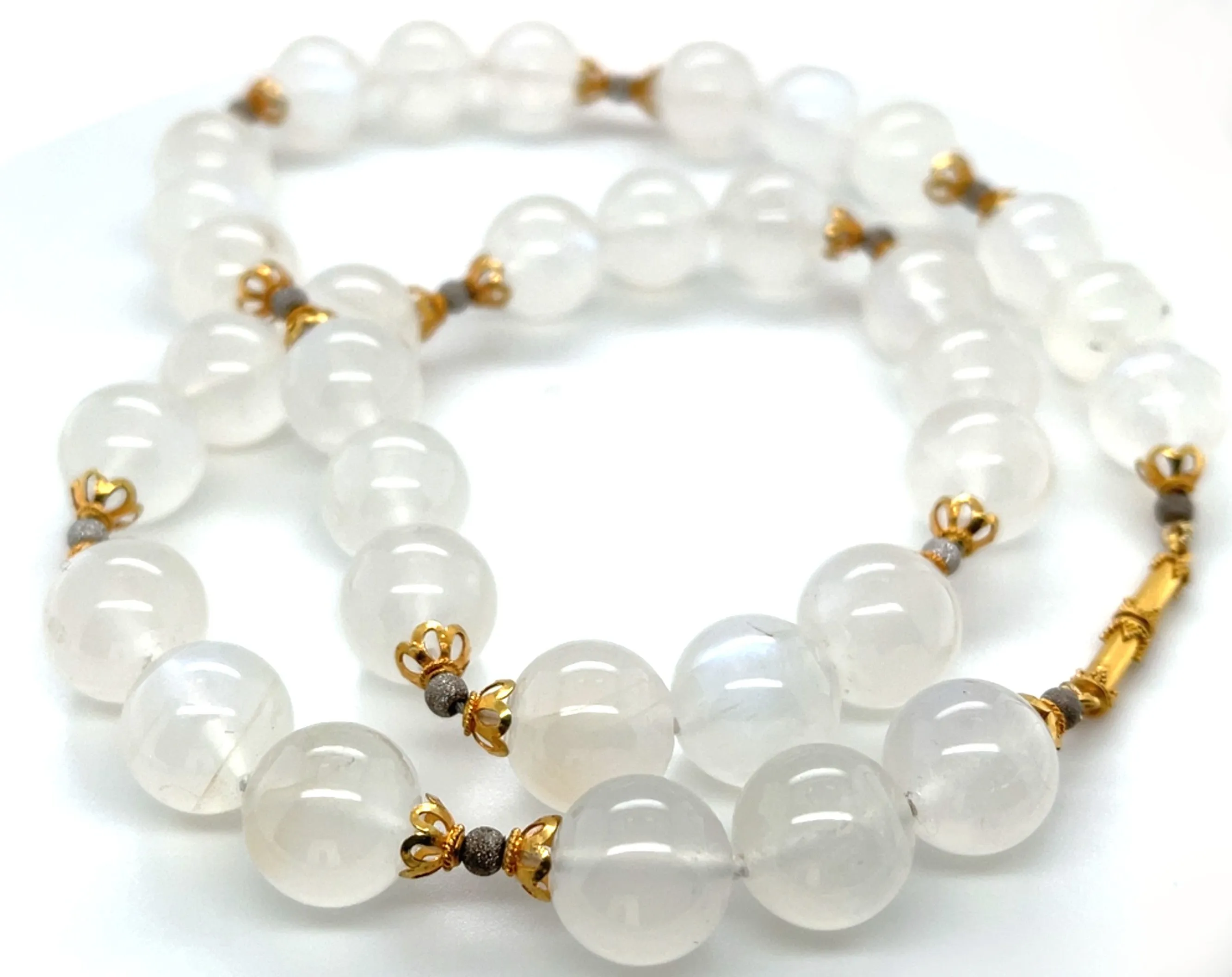 Blue Flash Moonstone Beaded Necklace Yellow Gold Spacers