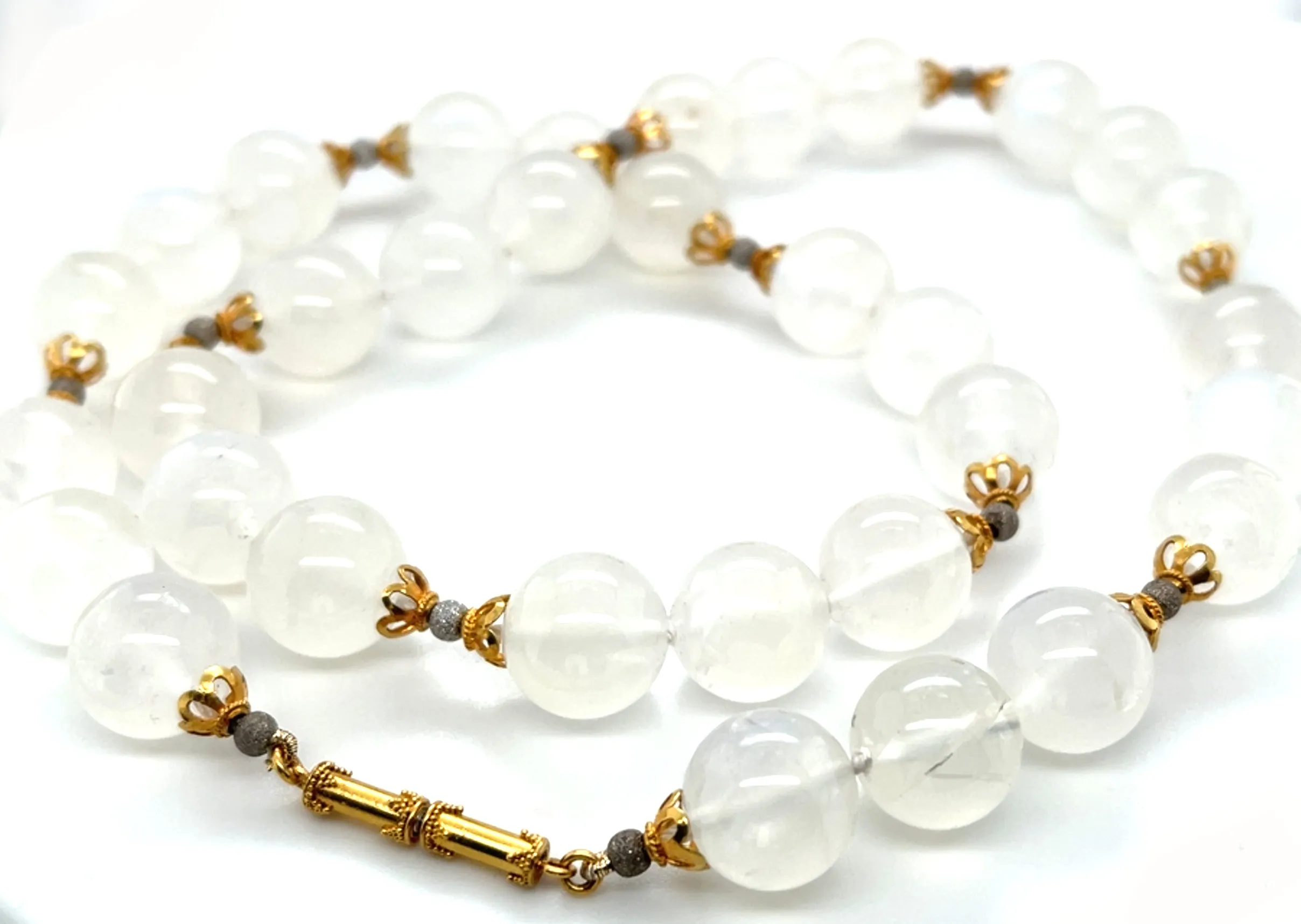 Blue Flash Moonstone Beaded Necklace Yellow Gold Spacers