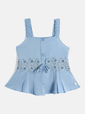 Blue Giraffe Girls Blue Self Design Shoulder Straps Sleeveless Crochet Top