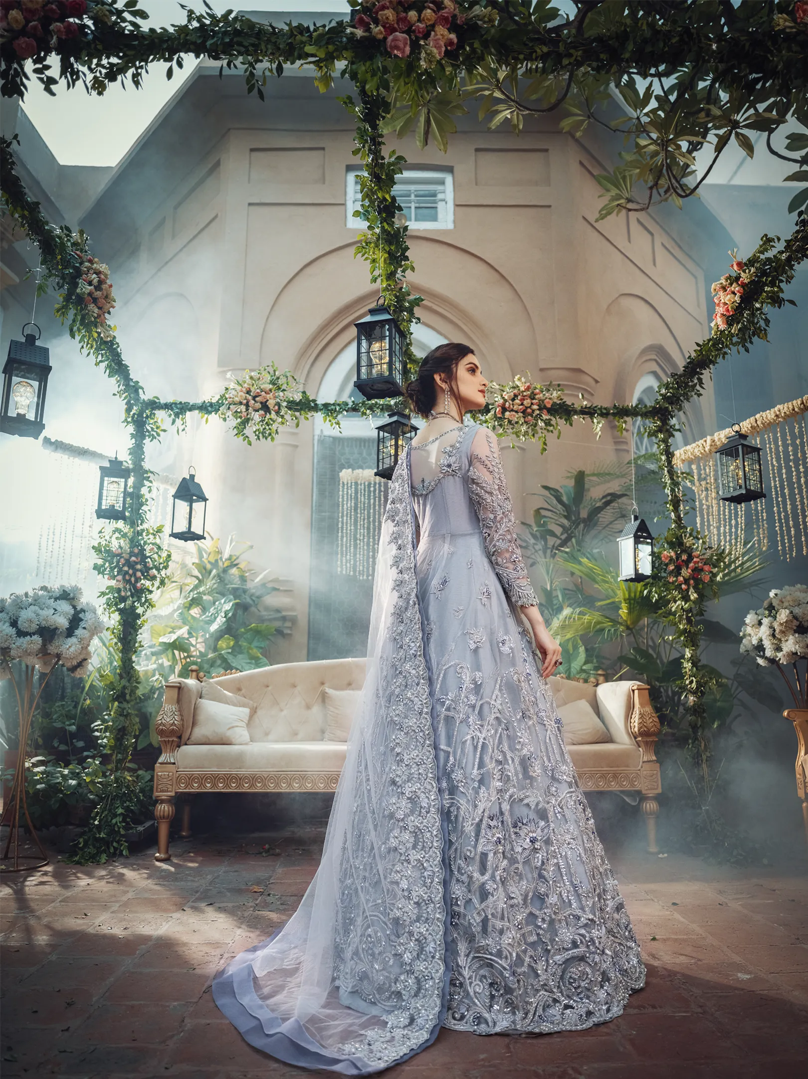 Blue Grey Bridal Lehenga with Front Open Gown #BS703