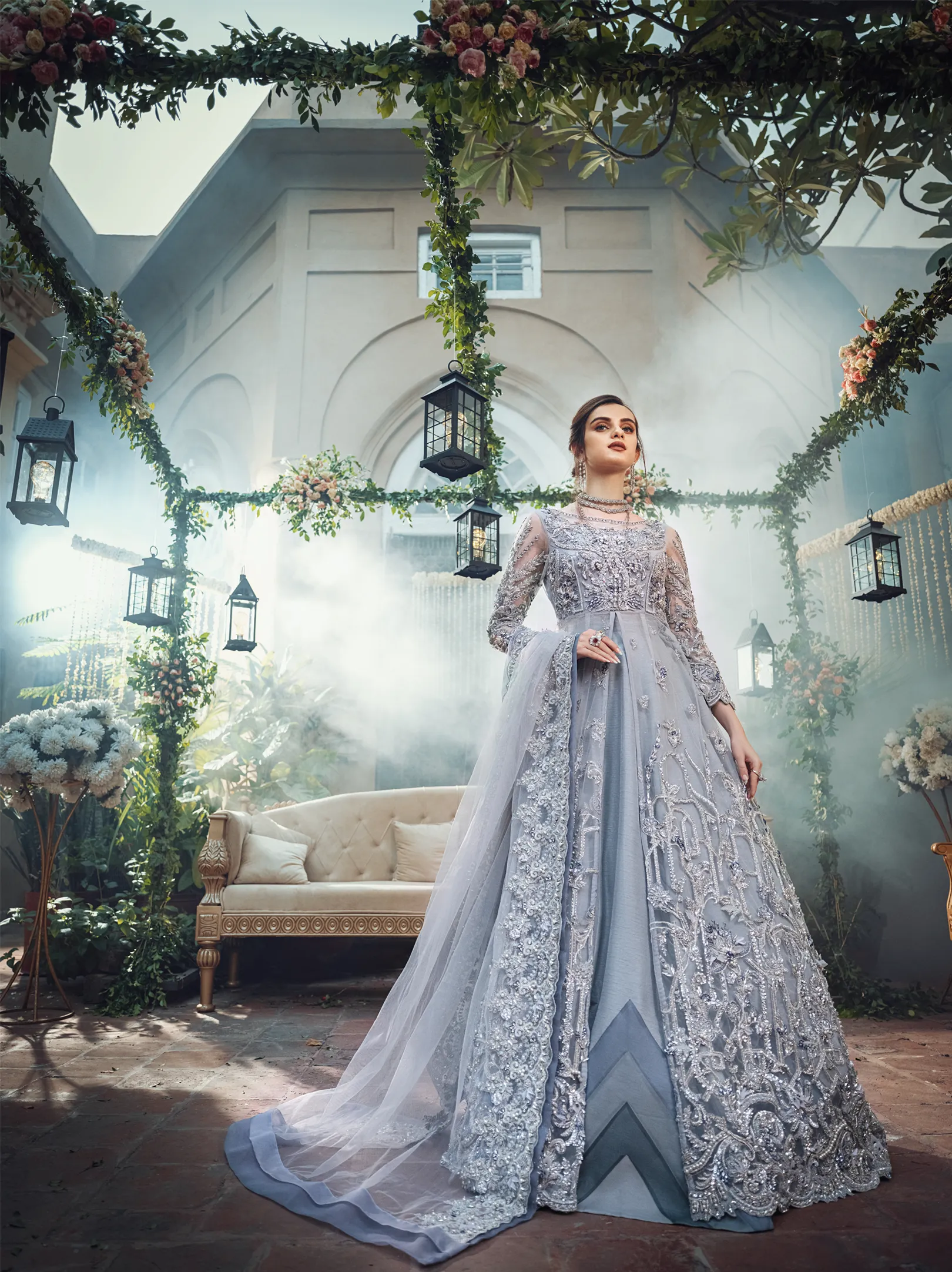 Blue Grey Bridal Lehenga with Front Open Gown #BS703