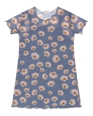 Blue Mesh Dress with Daisy Pattern
