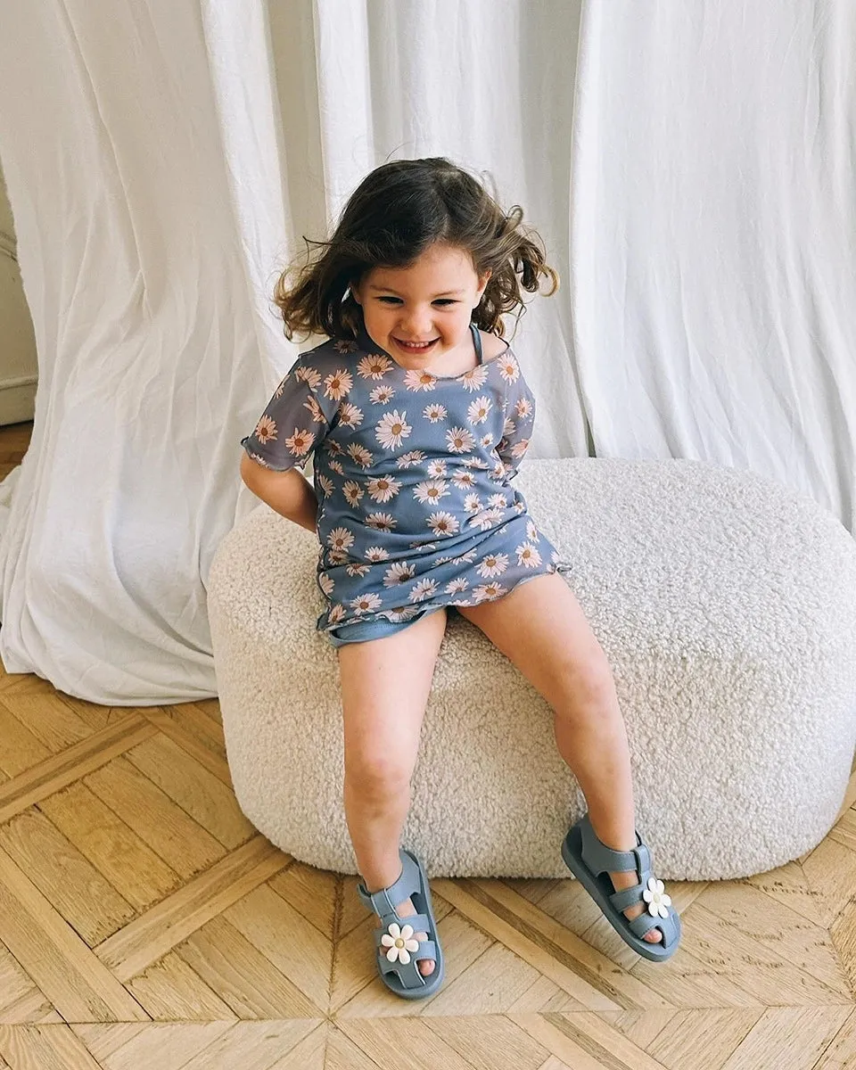 Blue Mesh Dress with Daisy Pattern
