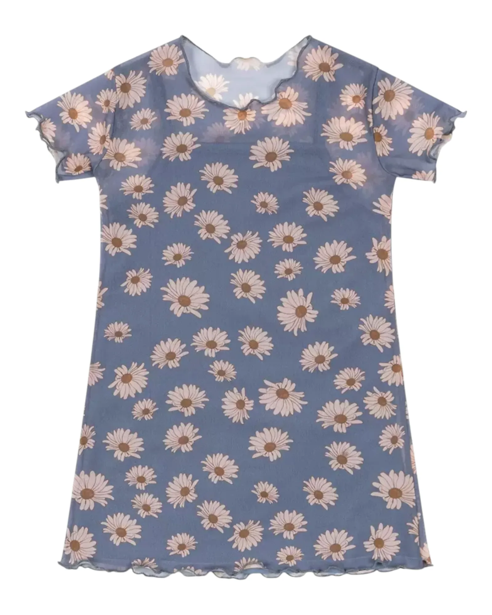 Blue Mesh Dress with Daisy Pattern