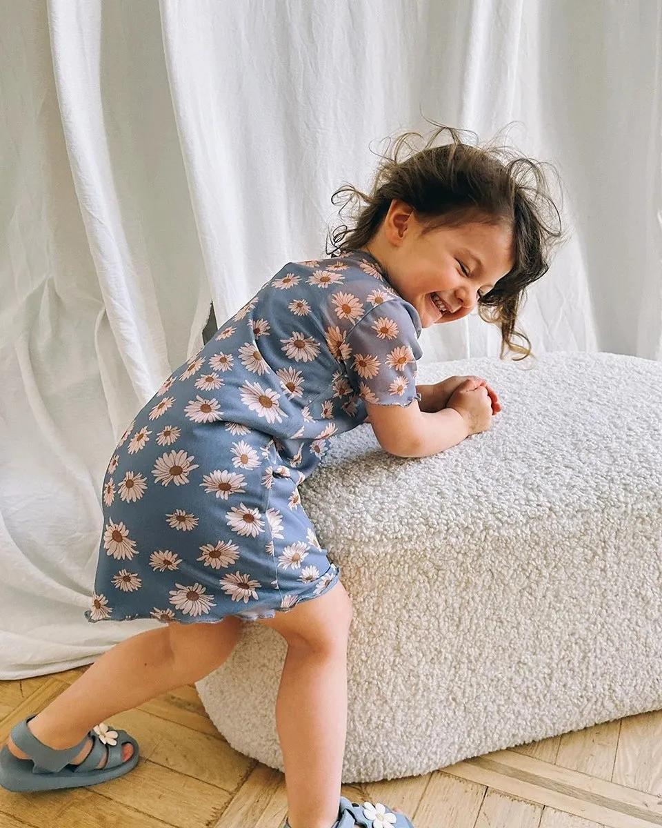 Blue Mesh Dress with Daisy Pattern