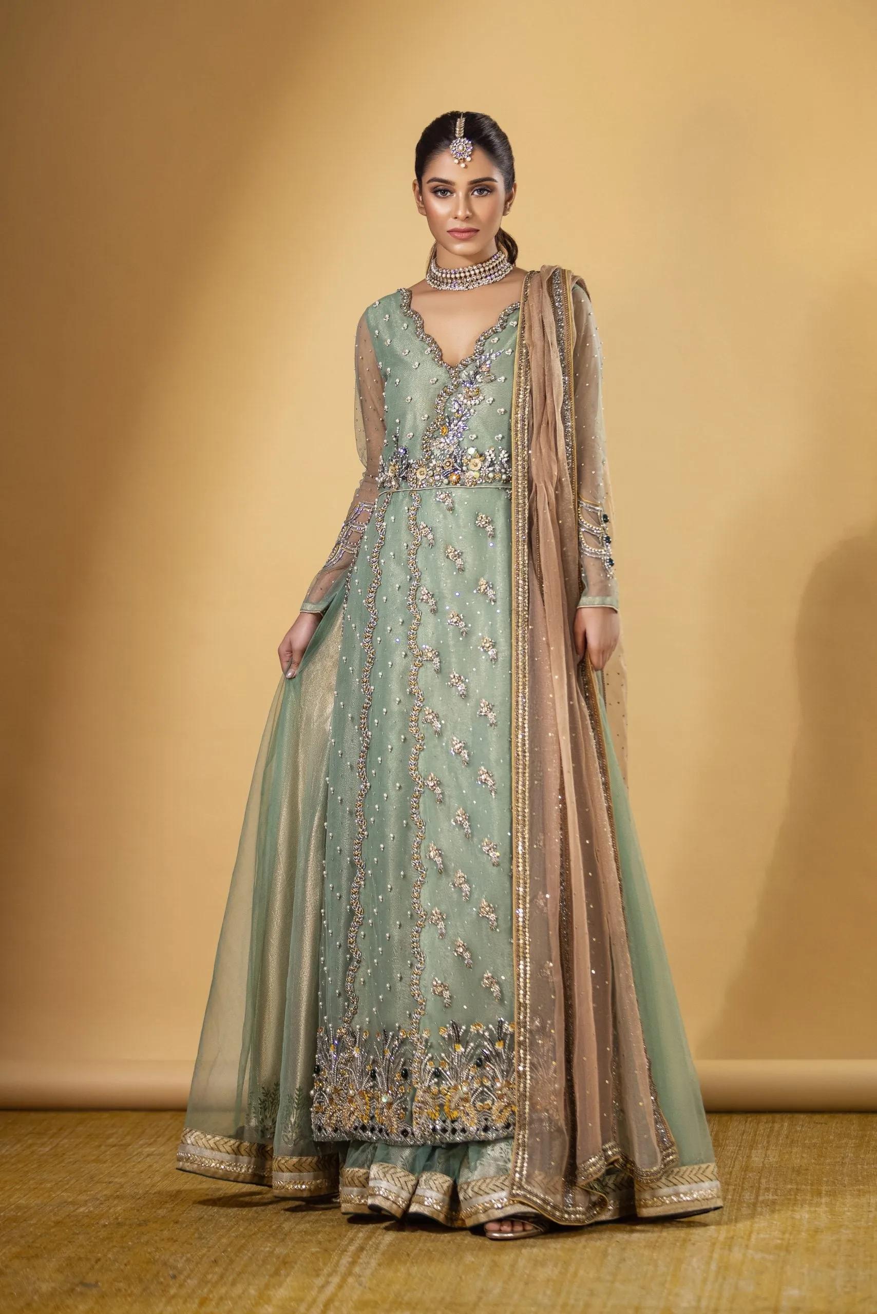 Blue Pakistani Wedding Dress in Lehenga Kameez Style