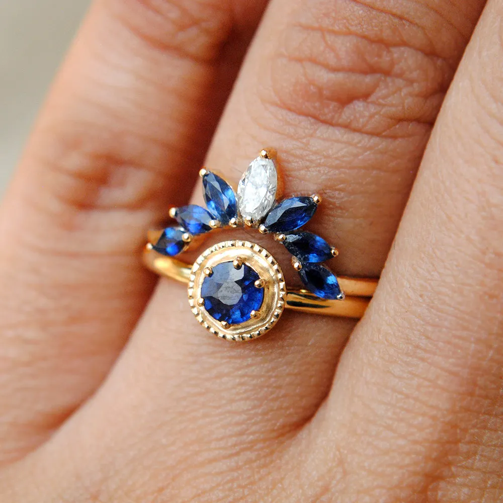 Blue Sapphire Engagement Ring with Sapphire and Diamond Curved Bridal Stack Ring Set