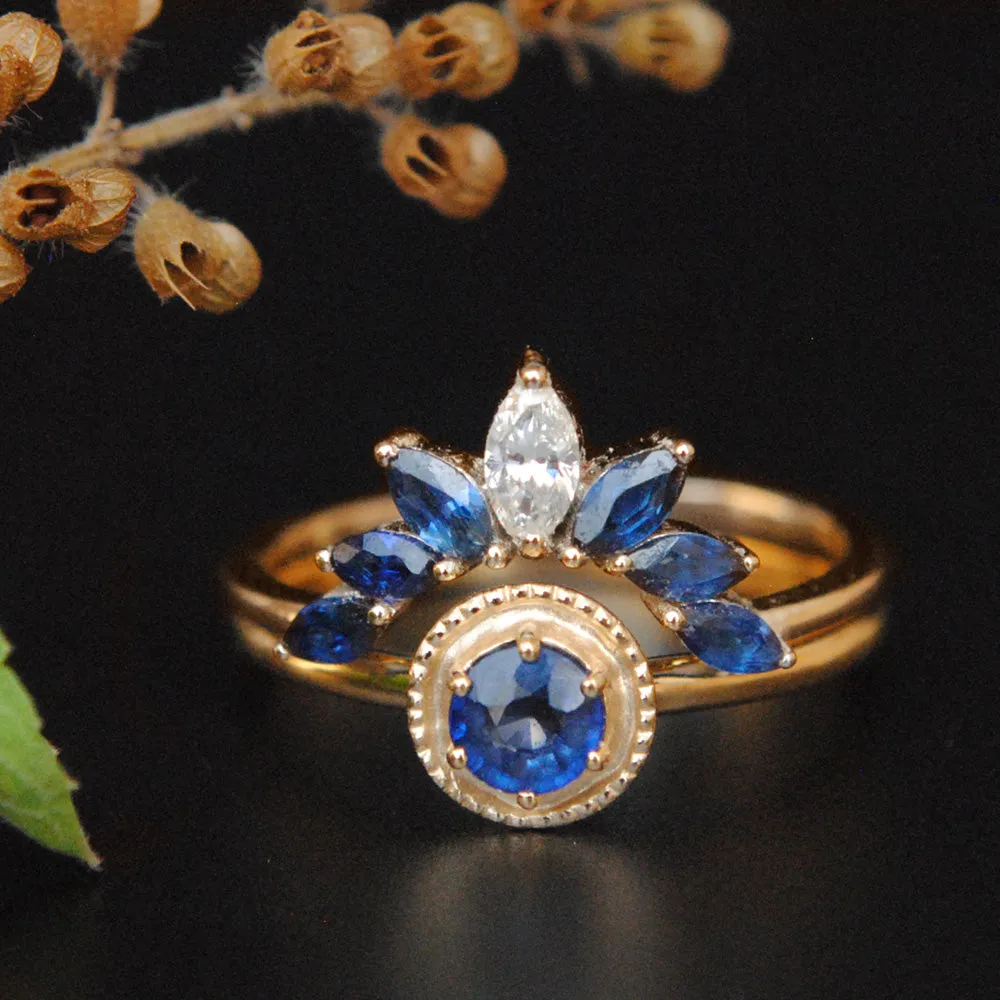 Blue Sapphire Engagement Ring with Sapphire and Diamond Curved Bridal Stack Ring Set