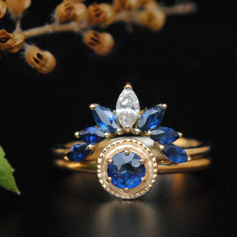 Blue Sapphire Engagement Ring with Sapphire and Diamond Curved Bridal Stack Ring Set