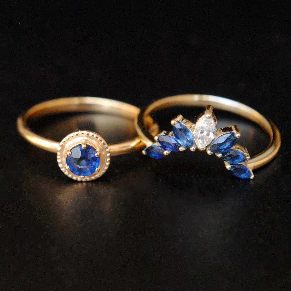 Blue Sapphire Engagement Ring with Sapphire and Diamond Curved Bridal Stack Ring Set