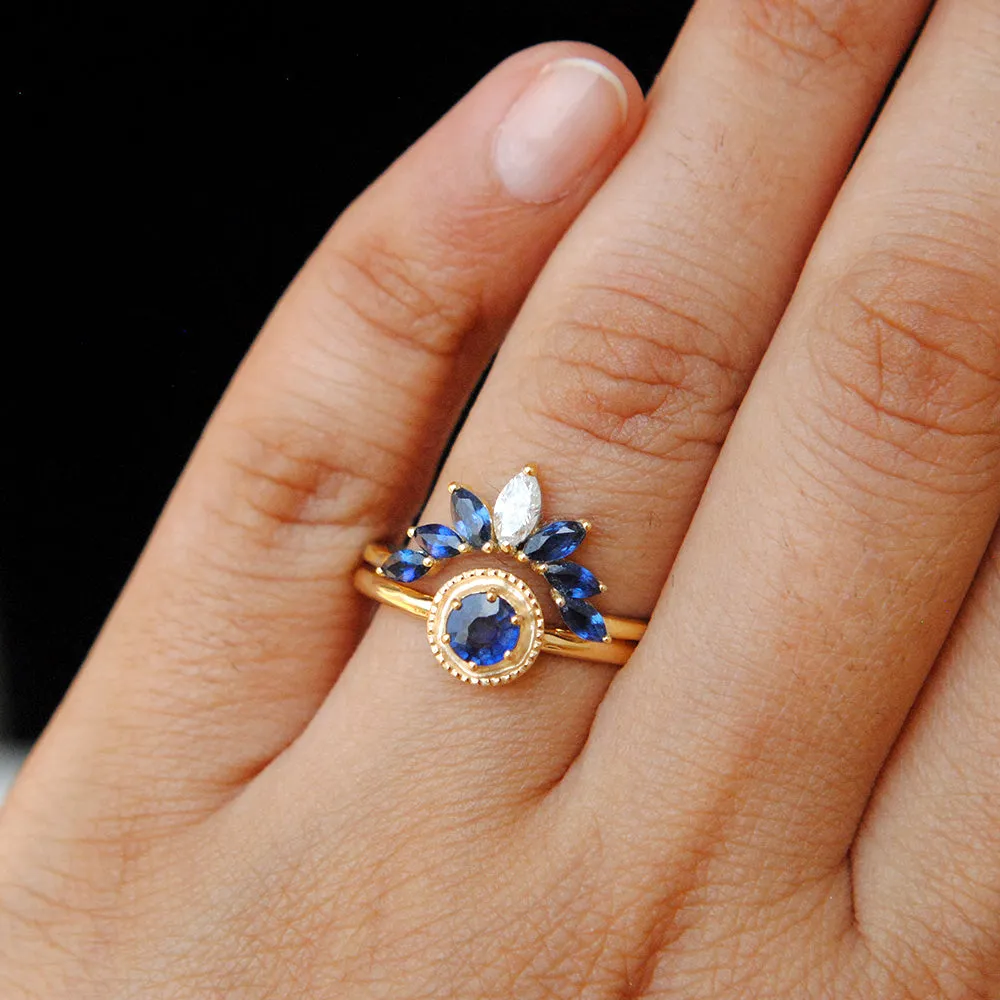 Blue Sapphire Engagement Ring with Sapphire and Diamond Curved Bridal Stack Ring Set