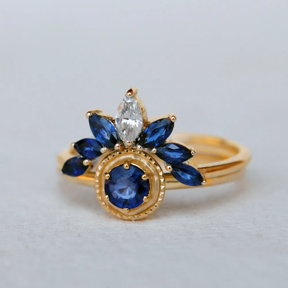 Blue Sapphire Engagement Ring with Sapphire and Diamond Curved Bridal Stack Ring Set
