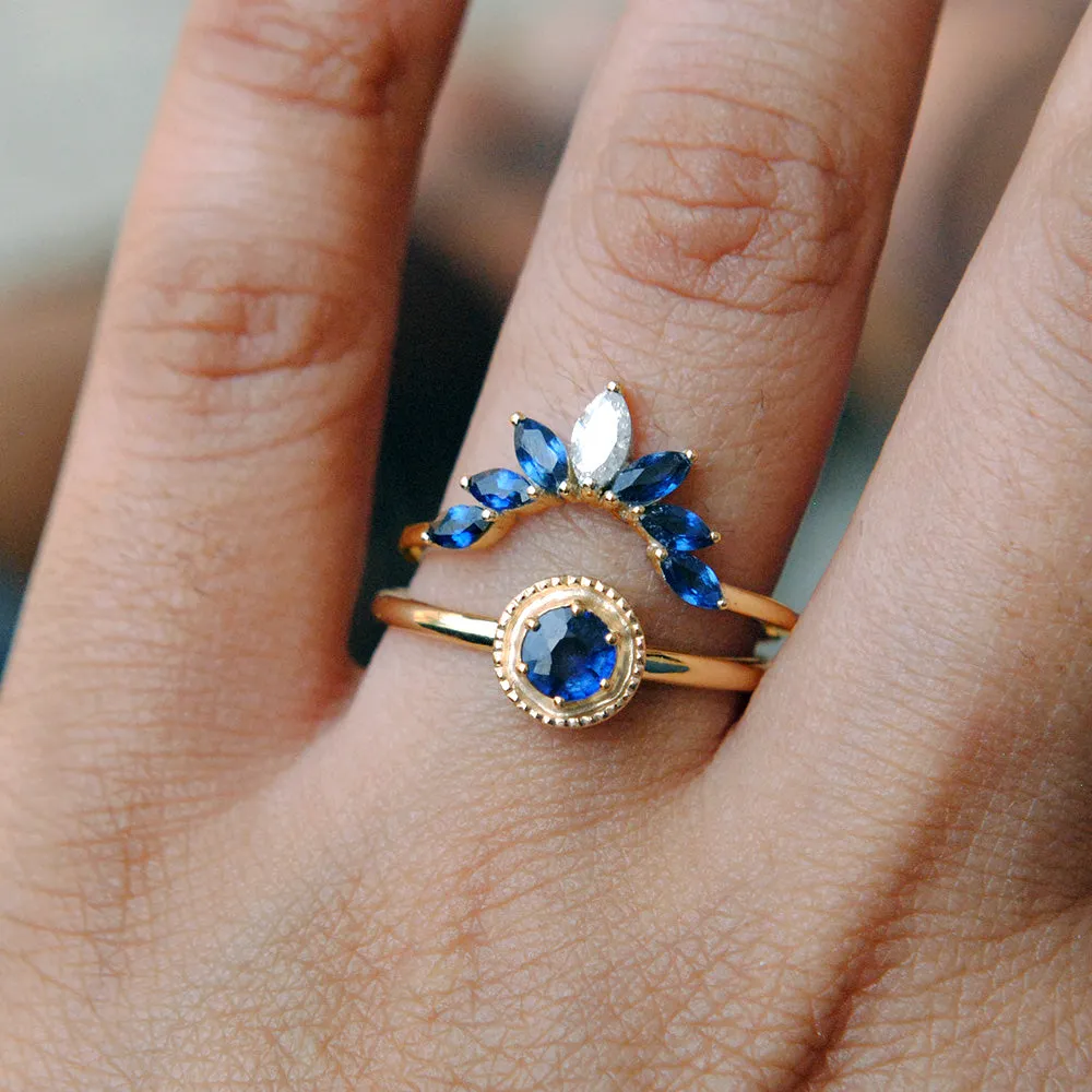 Blue Sapphire Engagement Ring with Sapphire and Diamond Curved Bridal Stack Ring Set