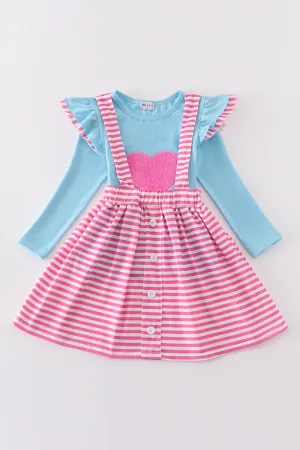 Blue Valentine Heart French Knot Girl Skirt Set