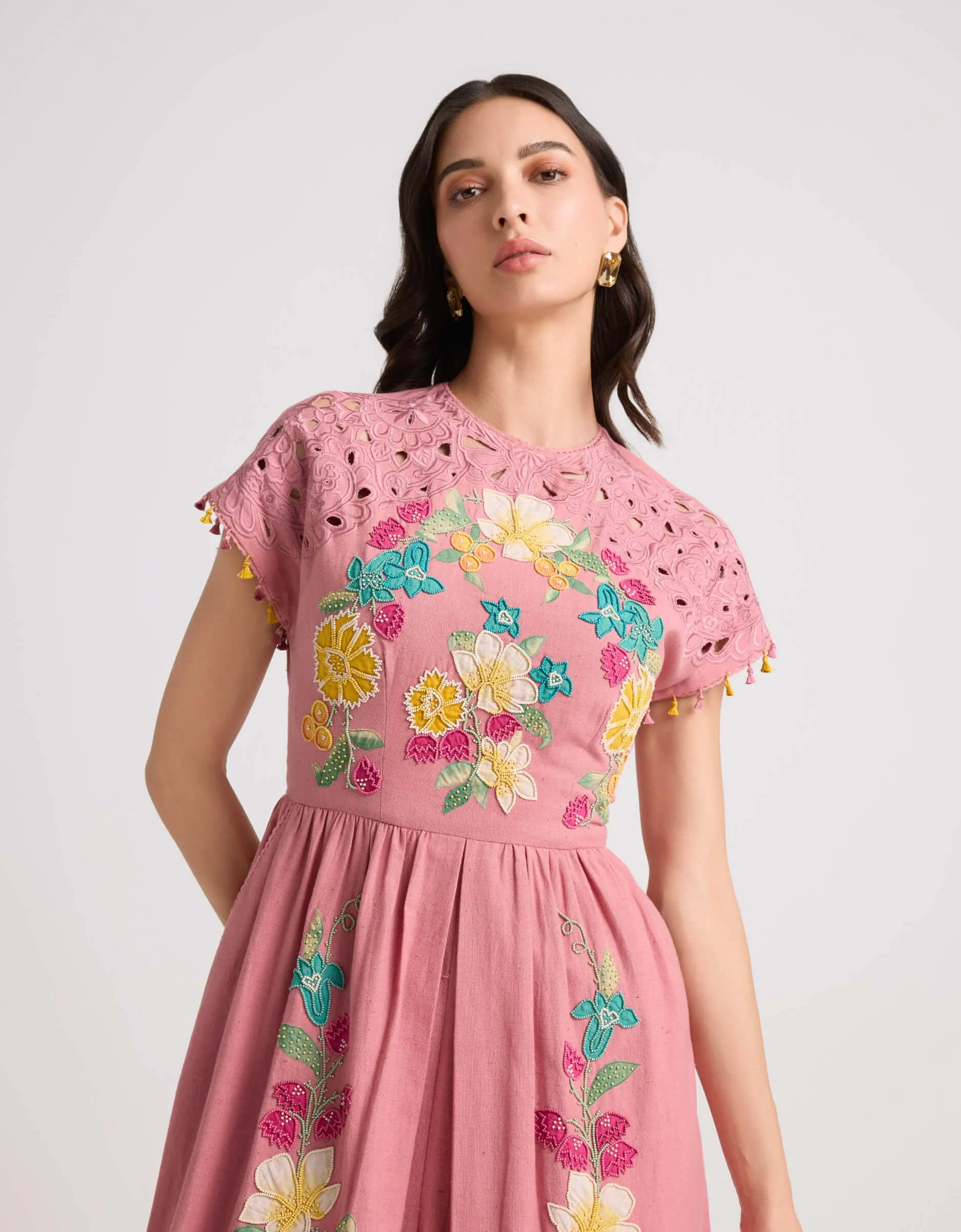 Blush floral applique and cutwork midi dress