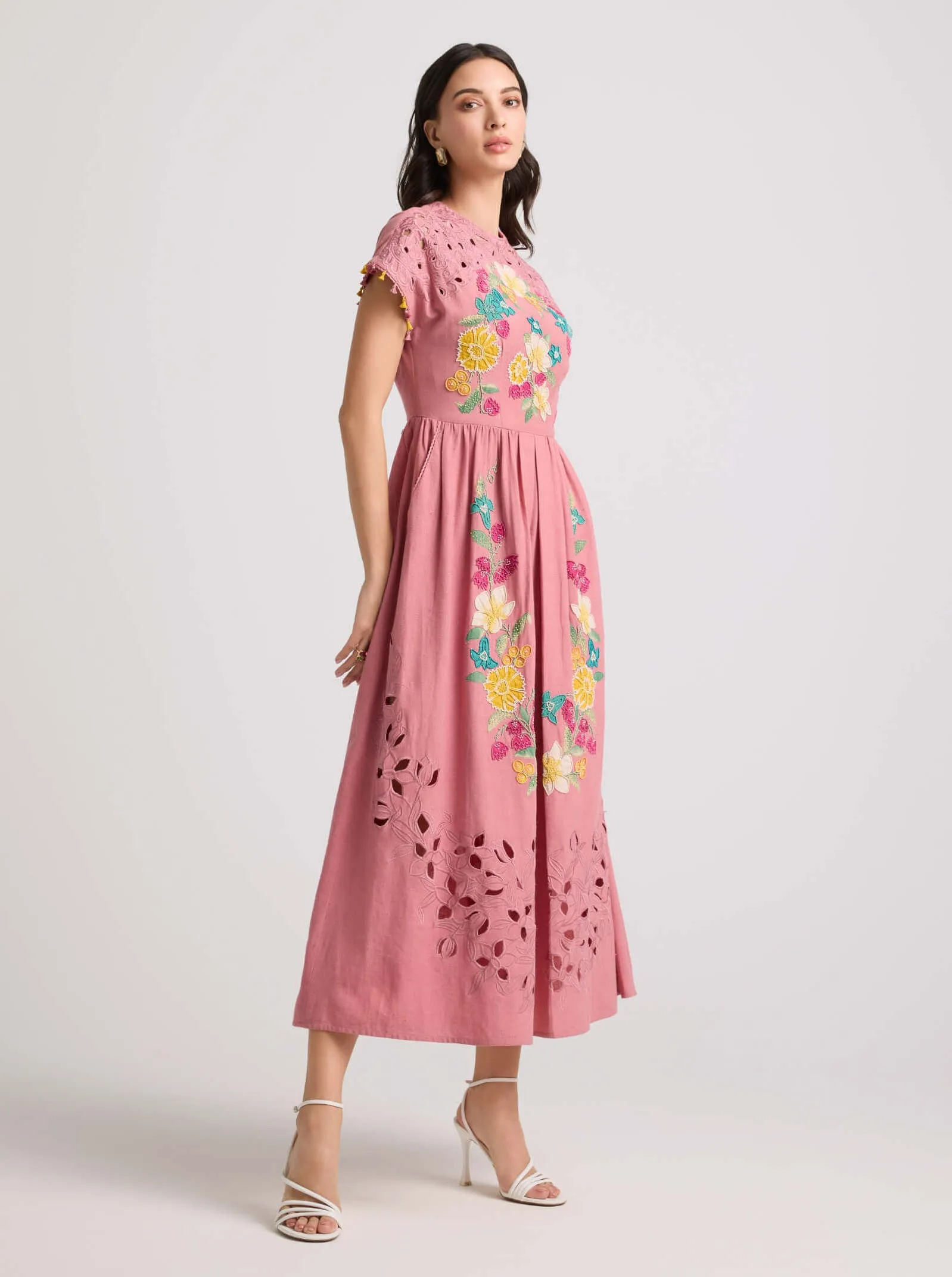 Blush floral applique and cutwork midi dress