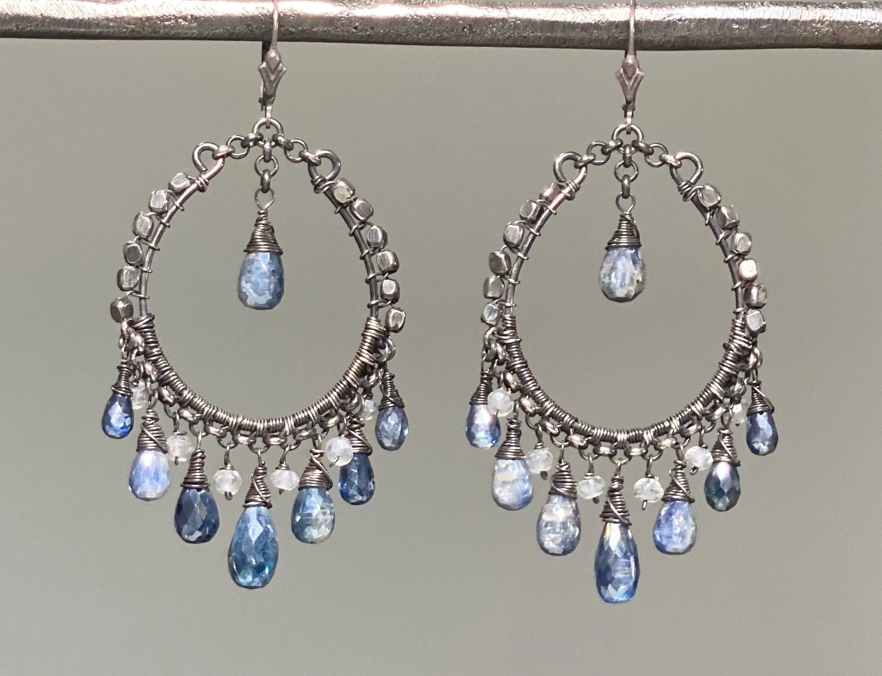Boho Hoop Earrings Oxidized Silver Mystic Blue Kyanite Gemstones