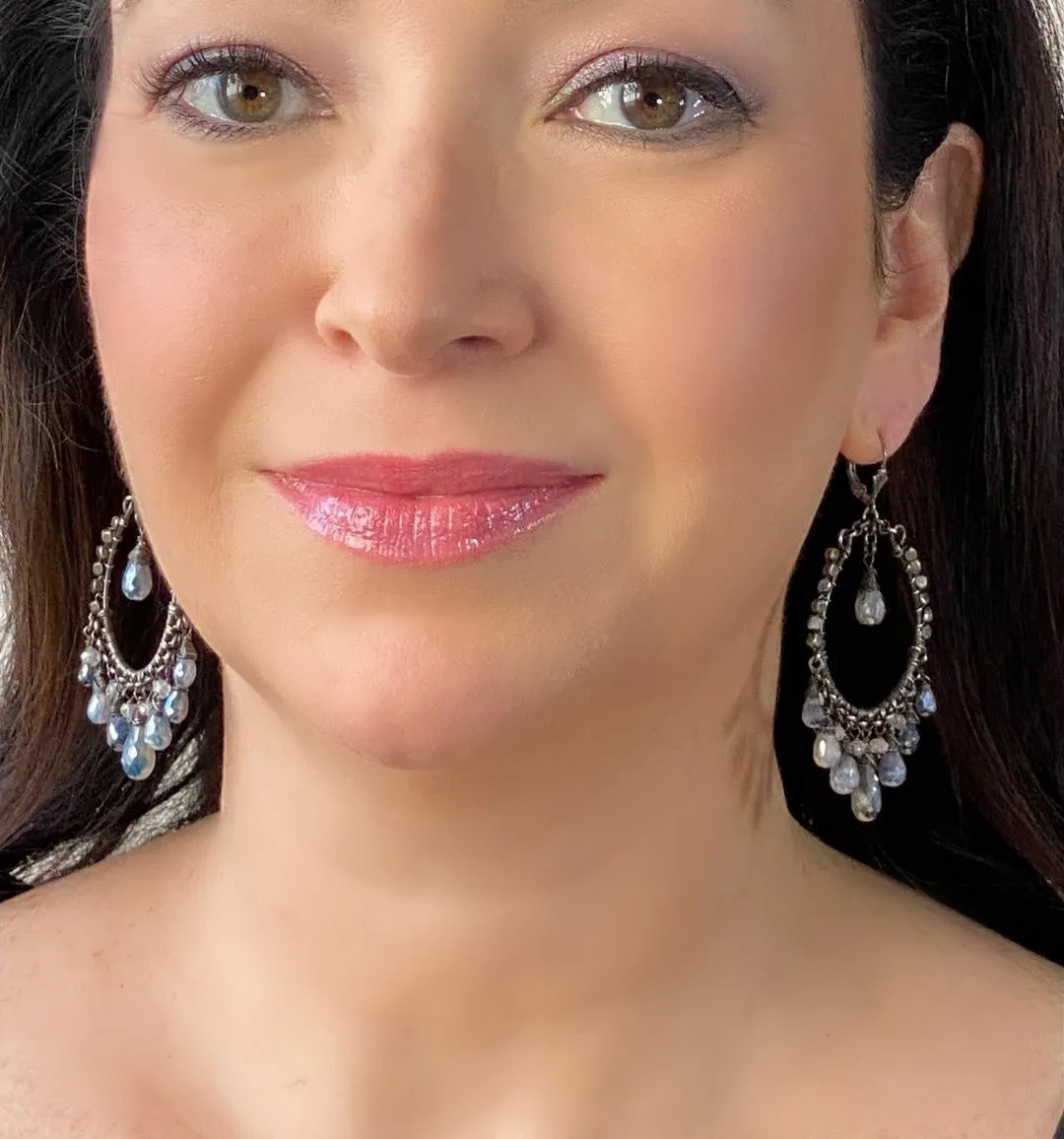 Boho Hoop Earrings Oxidized Silver Mystic Blue Kyanite Gemstones