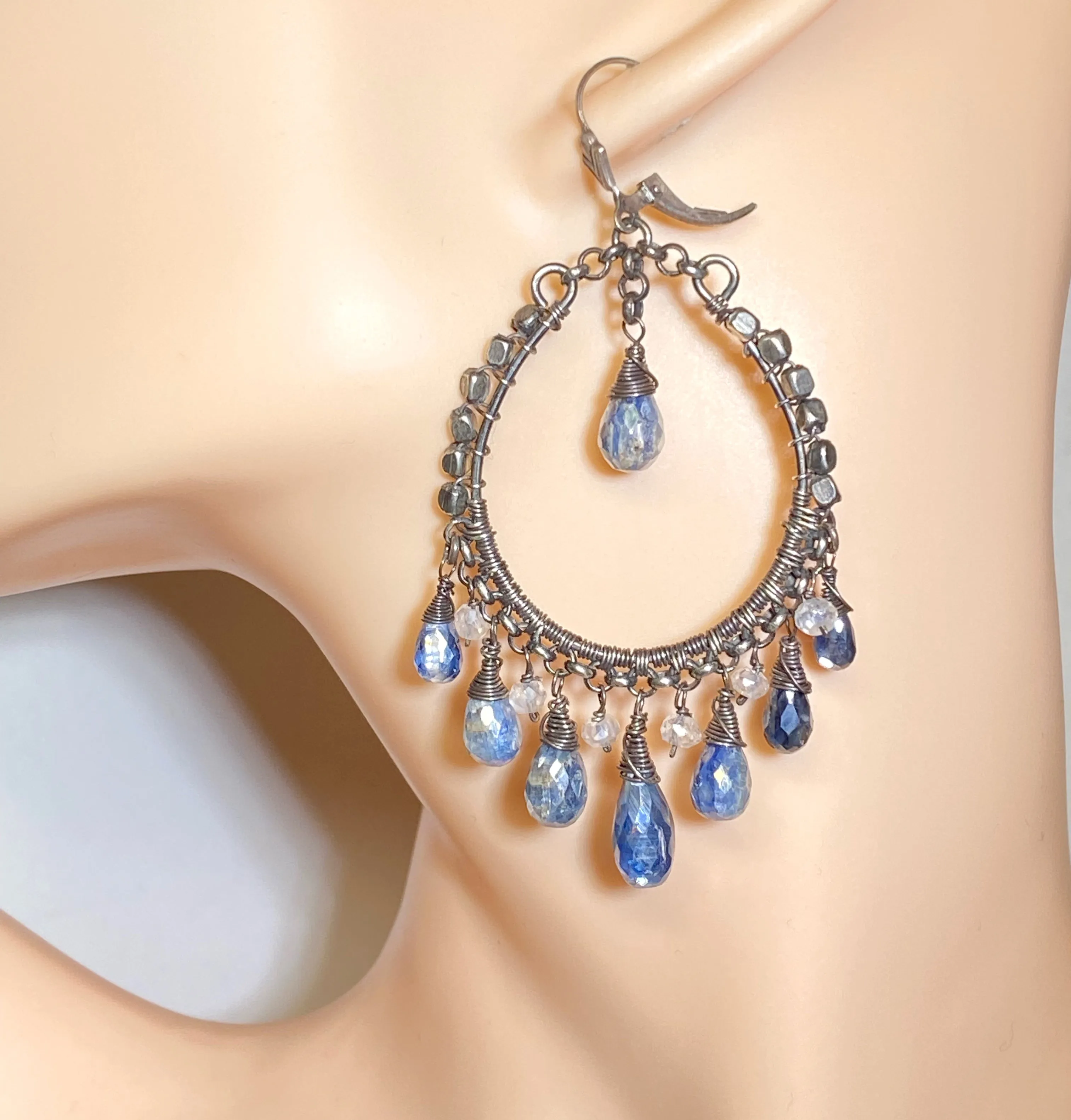 Boho Hoop Earrings Oxidized Silver Mystic Blue Kyanite Gemstones