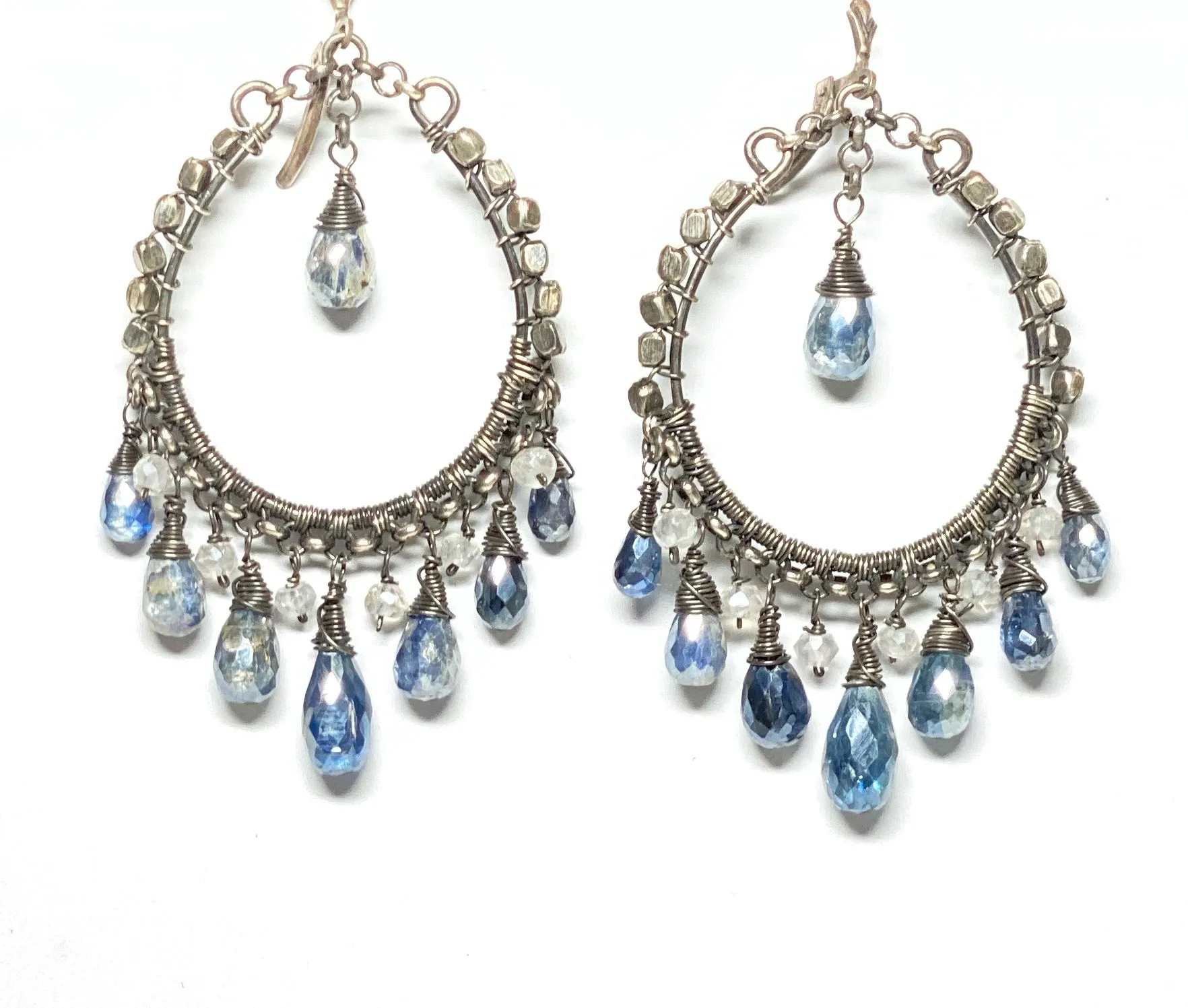 Boho Hoop Earrings Oxidized Silver Mystic Blue Kyanite Gemstones