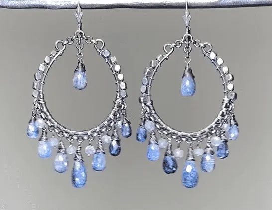 Boho Hoop Earrings Oxidized Silver Mystic Blue Kyanite Gemstones