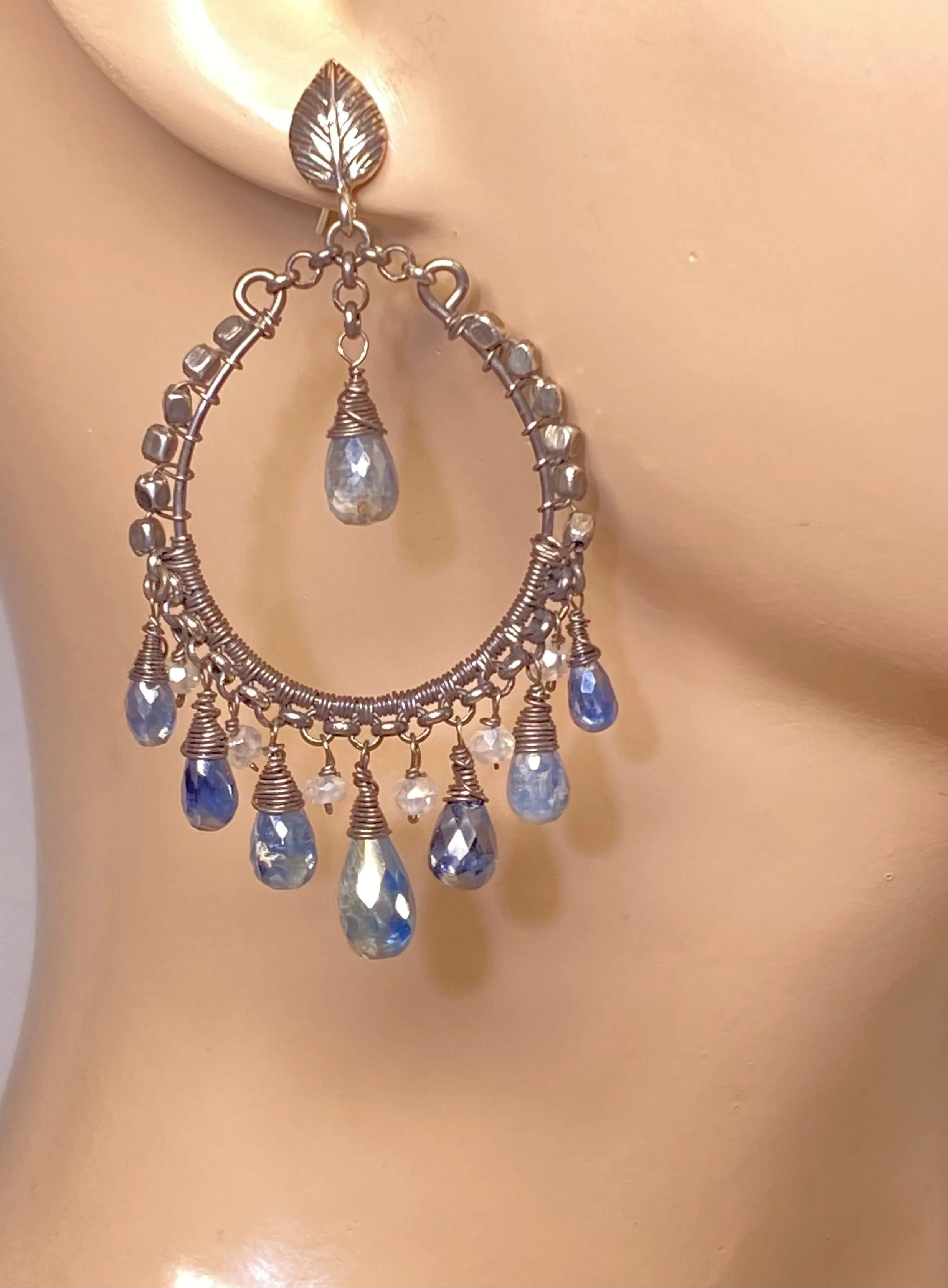 Boho Hoop Earrings Oxidized Silver Mystic Blue Kyanite Gemstones
