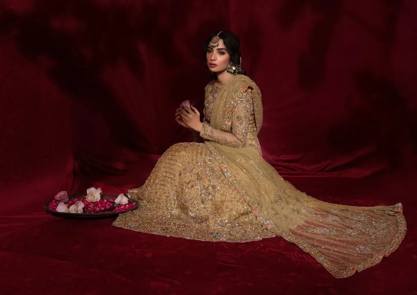 Bridal Gold Lehenga Choli and Dupatta Dress in Organza