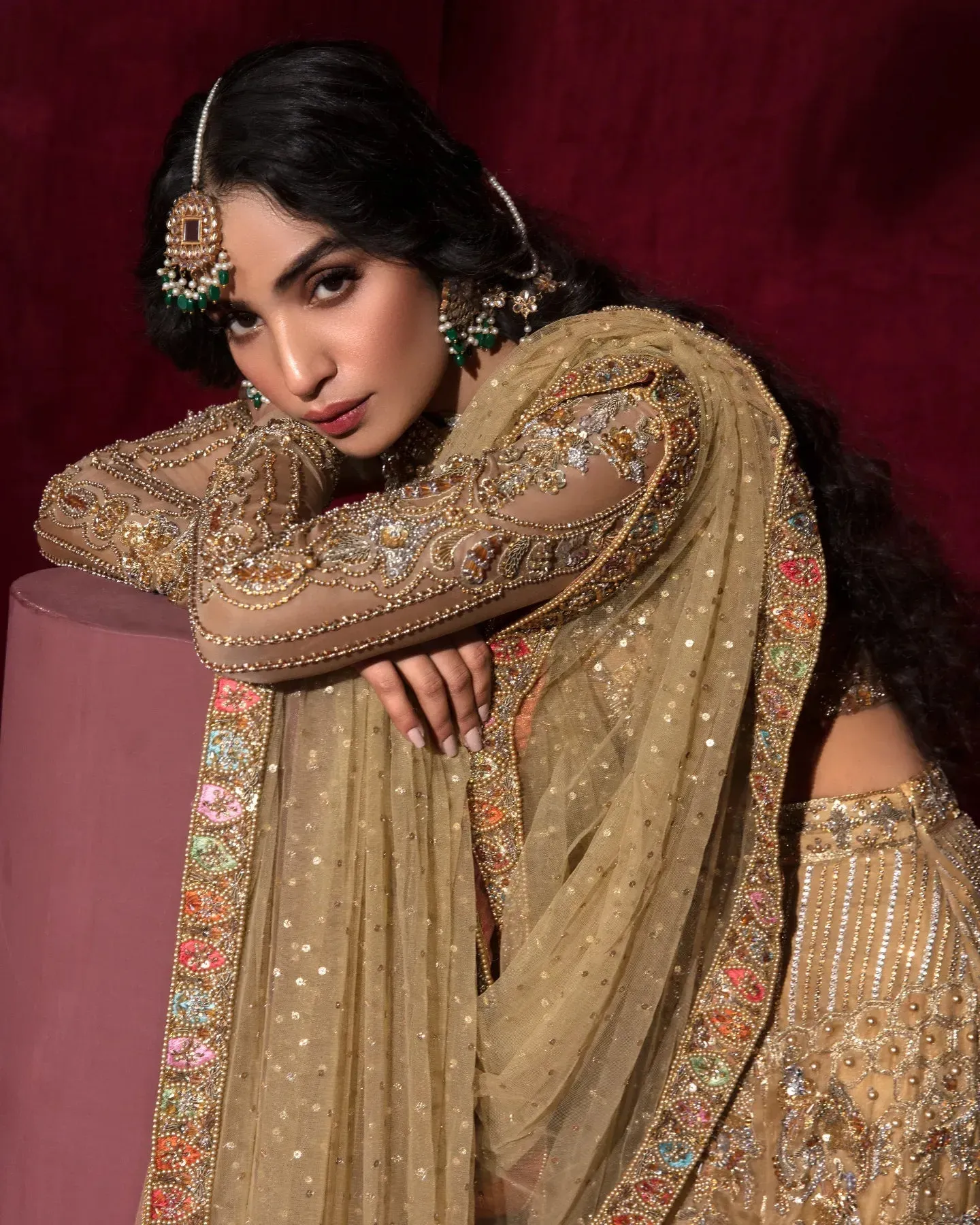 Bridal Gold Lehenga Choli and Dupatta Dress in Organza