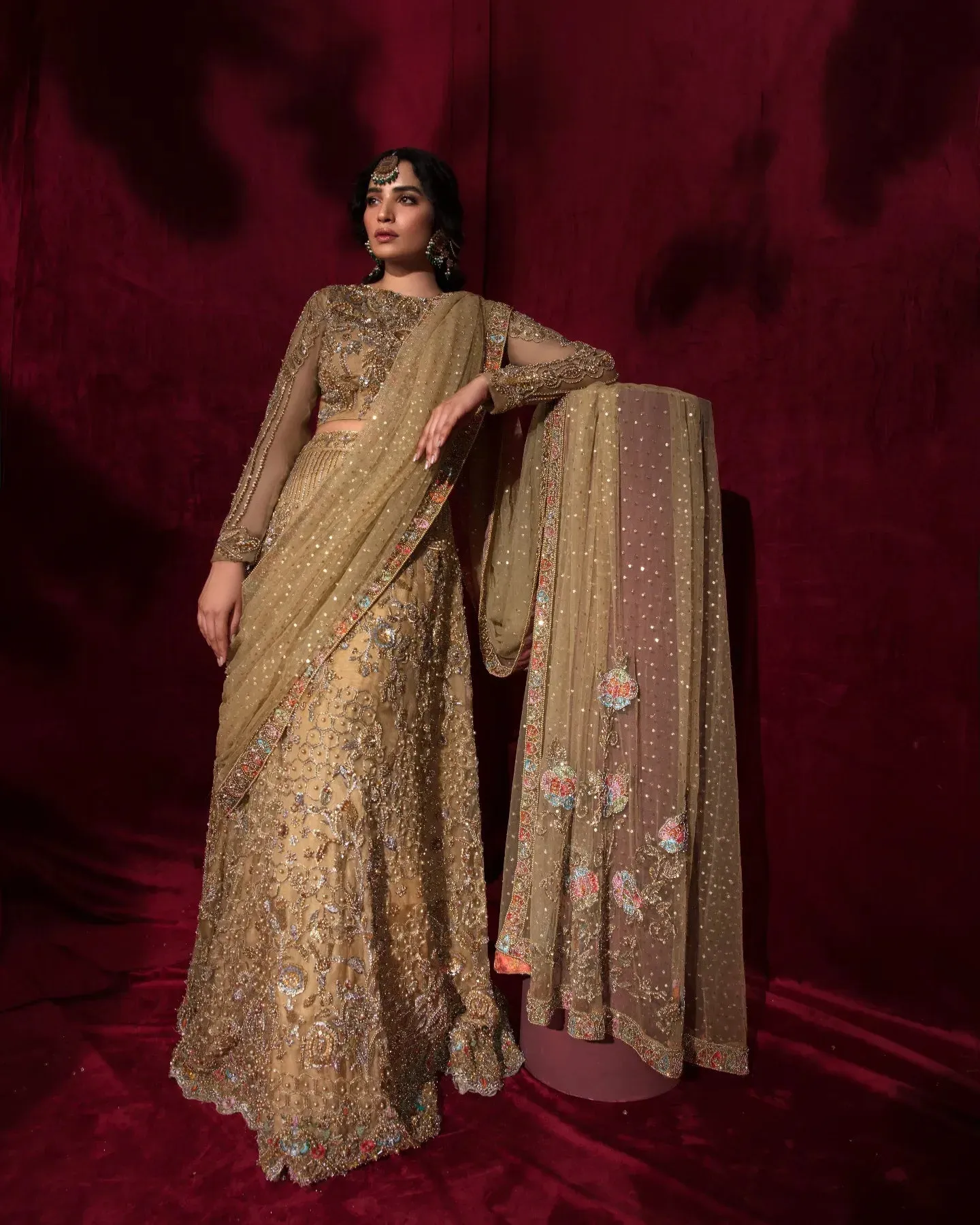 Bridal Gold Lehenga Choli and Dupatta Dress in Organza