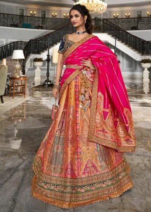 Bridal Pink And Orange Banarasi Silk Embroidered Designer Lehenga
