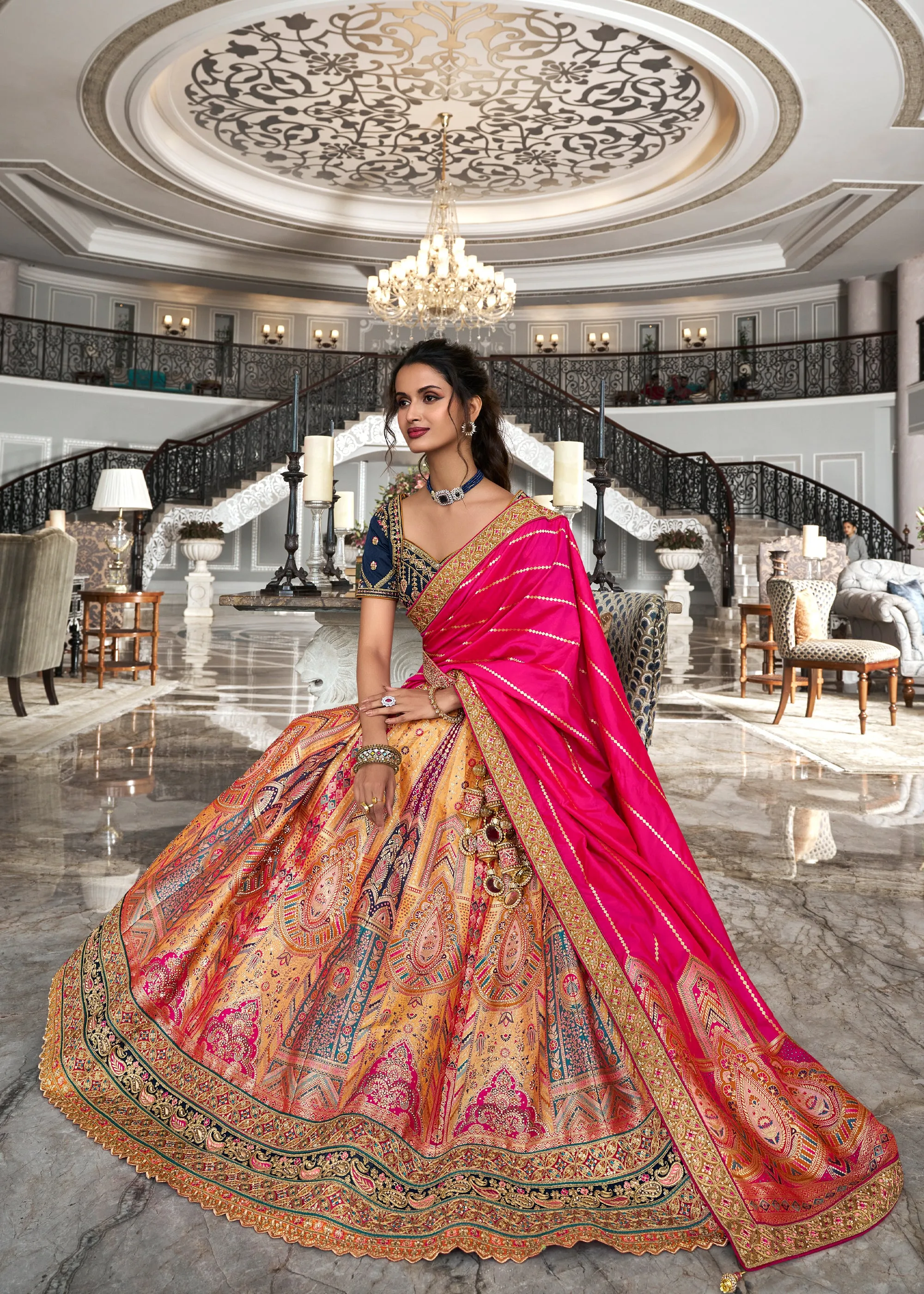 Bridal Pink And Orange Banarasi Silk Embroidered Designer Lehenga