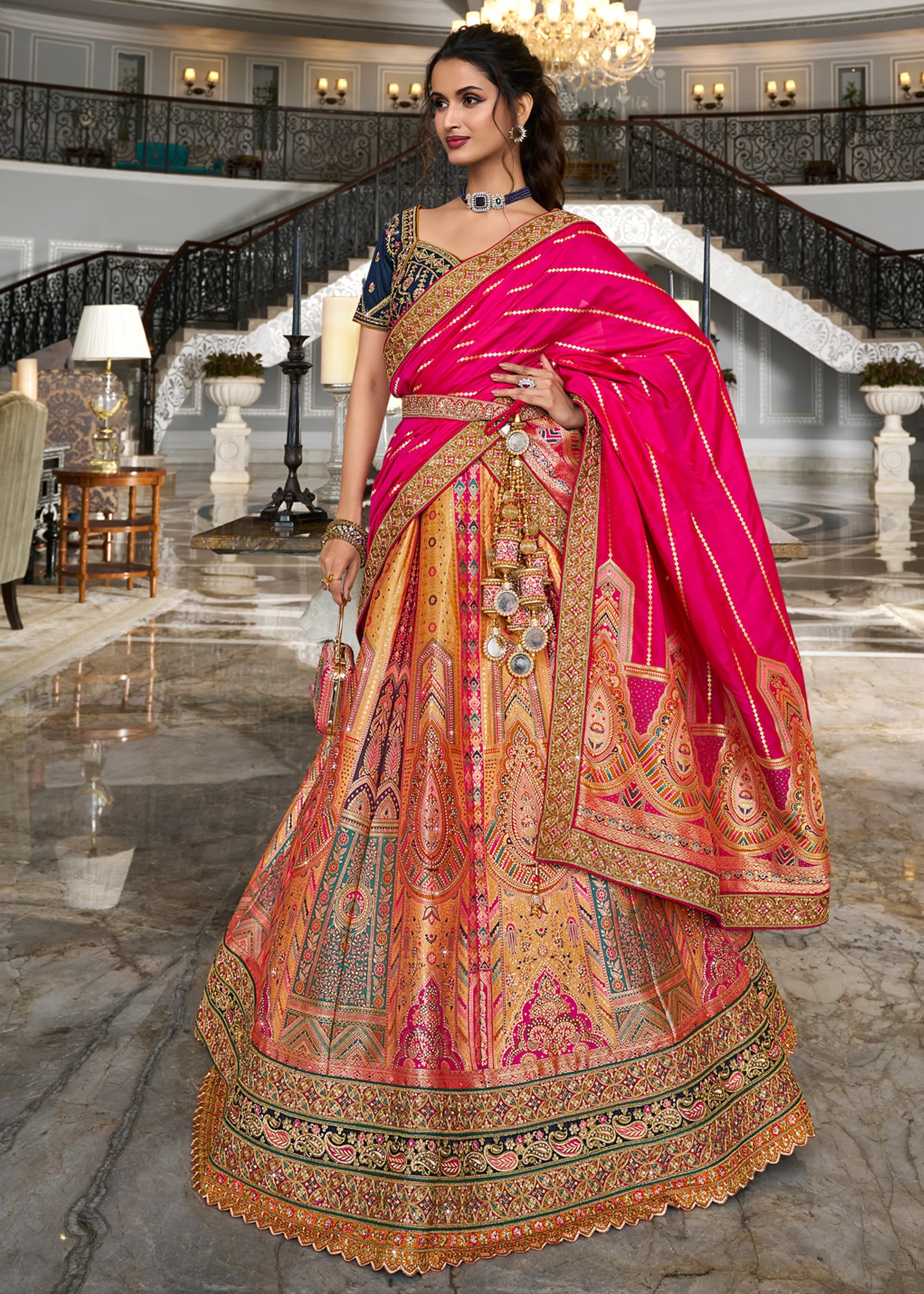 Bridal Pink And Orange Banarasi Silk Embroidered Designer Lehenga